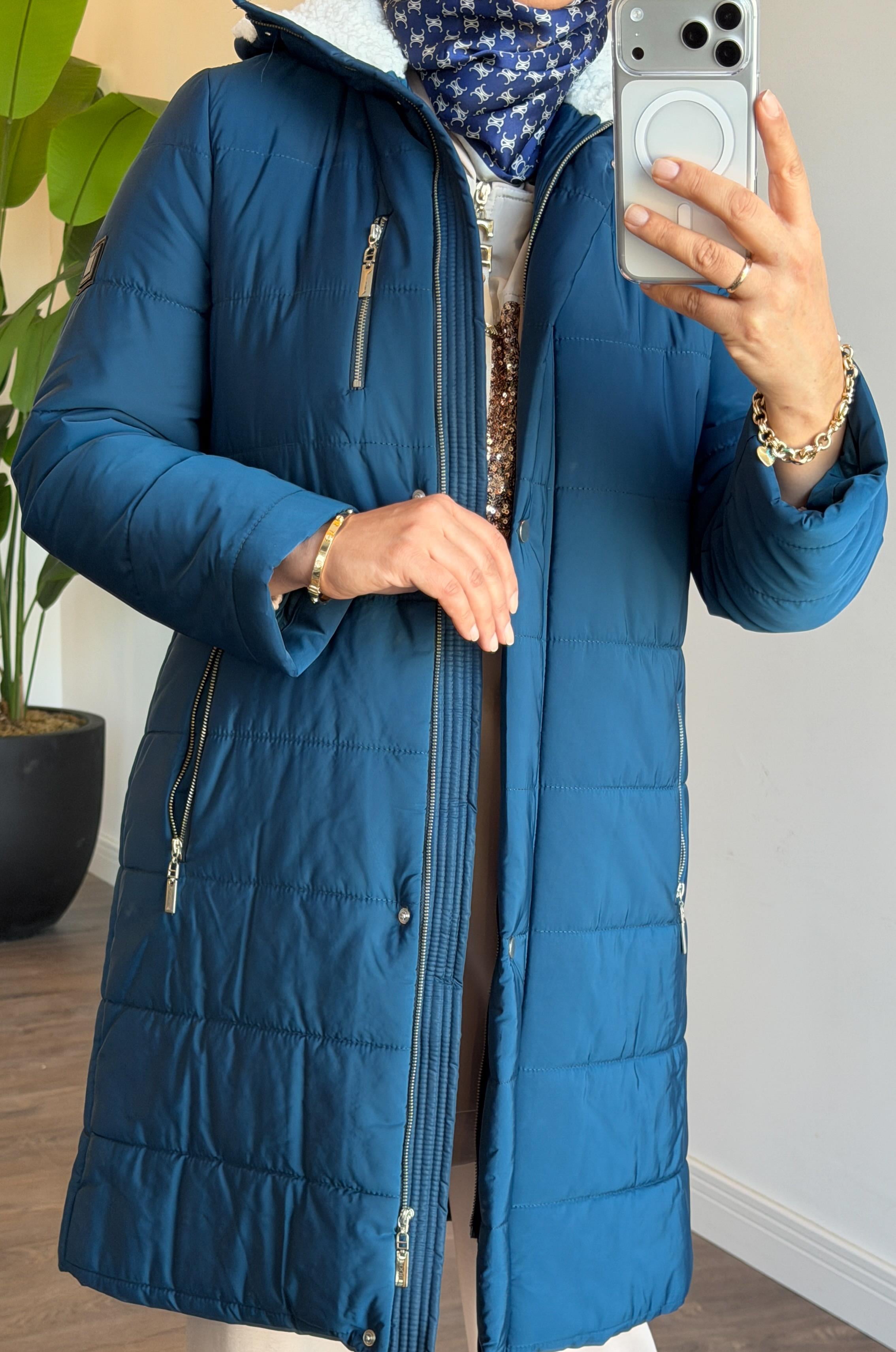 Cep Detaylı Midi Boy Kaban - Petrol