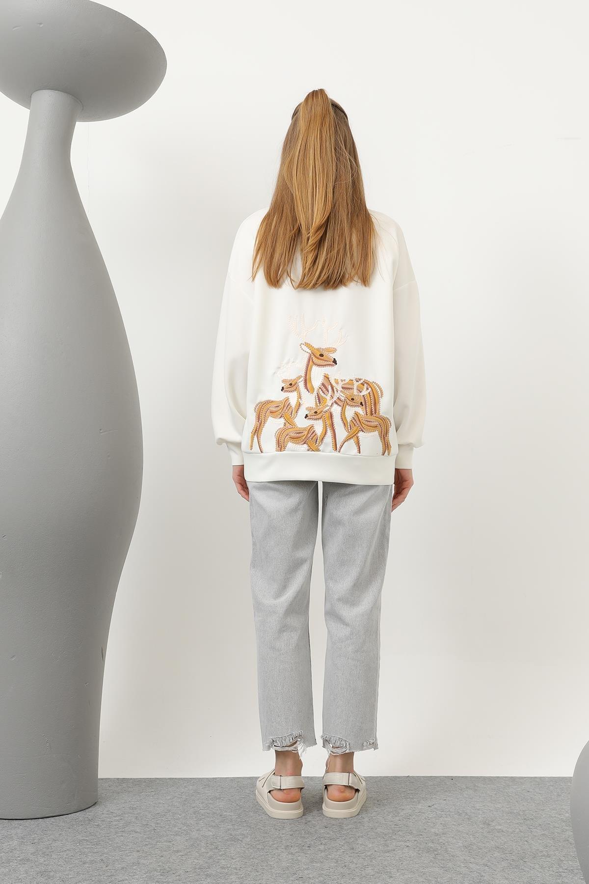 Ceylan Nakış Desenli Basic Sweat Tunik - Ekru