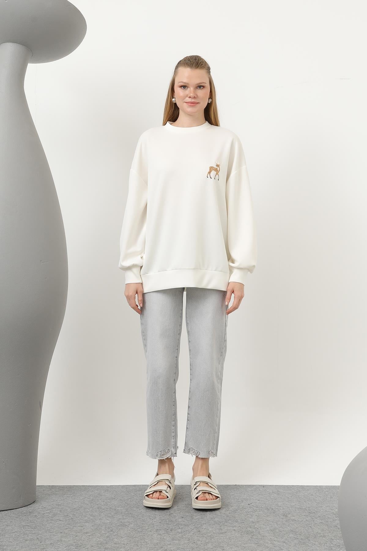 Ceylan Nakış Desenli Basic Sweat Tunik - Ekru