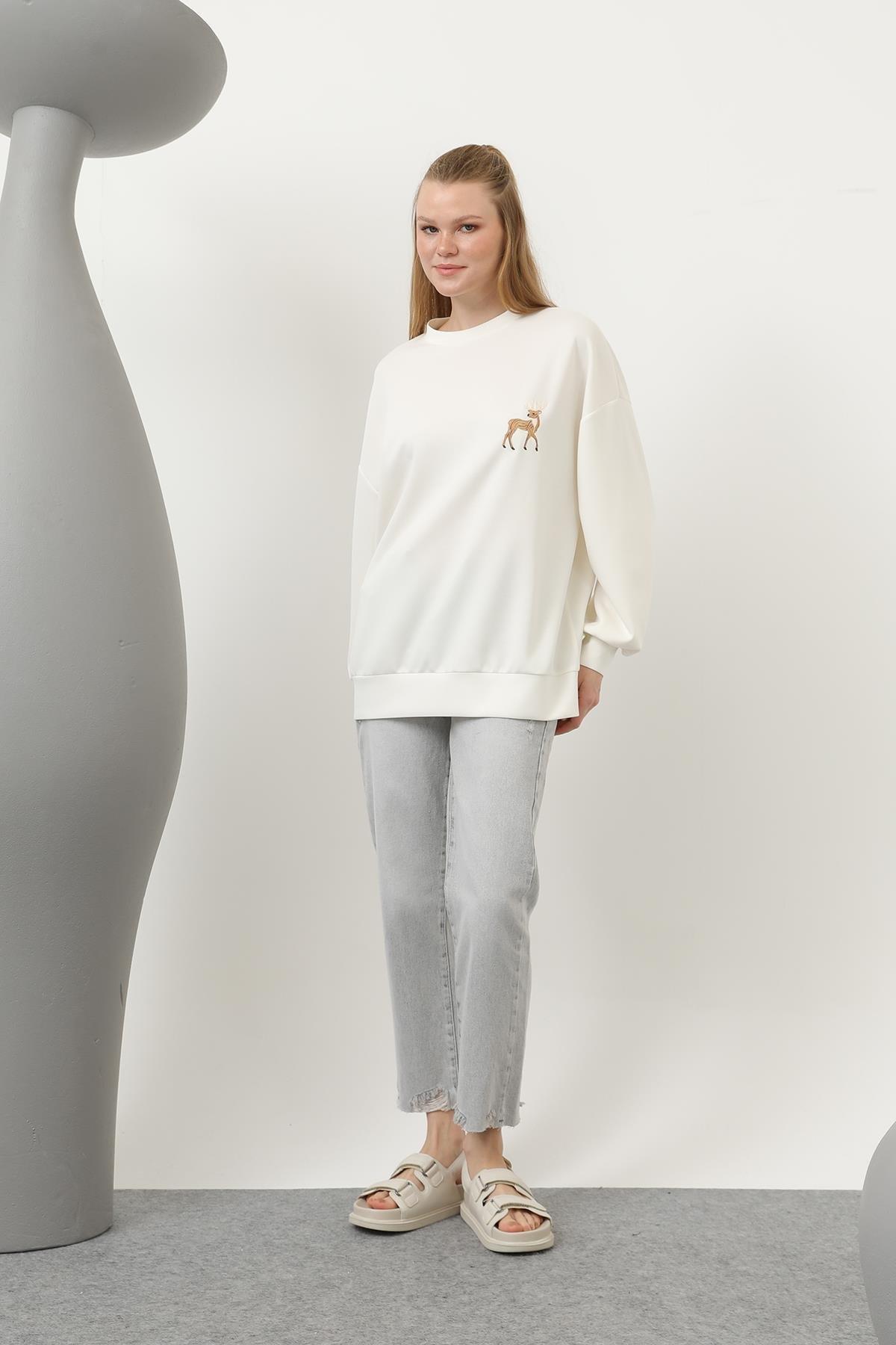 Ceylan Nakış Desenli Basic Sweat Tunik - Ekru