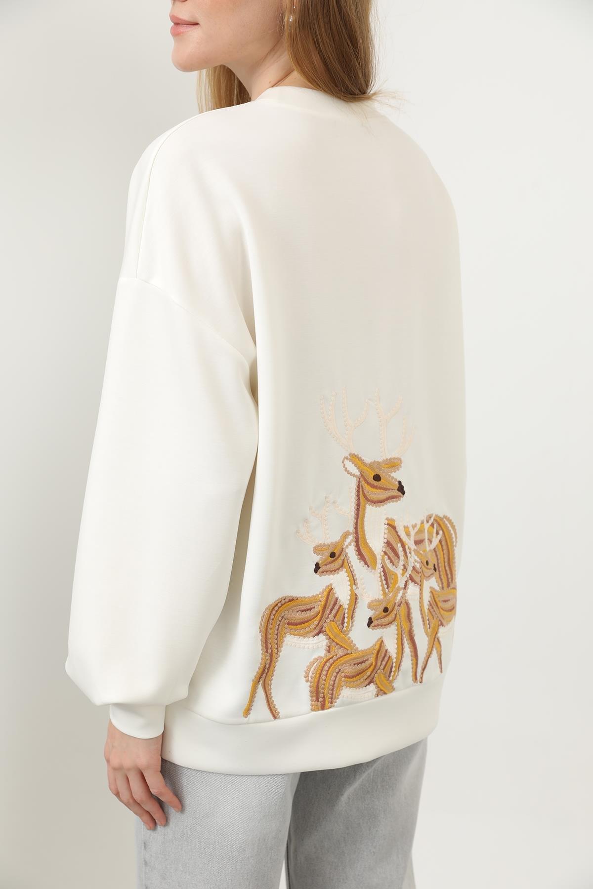 Ceylan Nakış Desenli Basic Sweat Tunik - Ekru