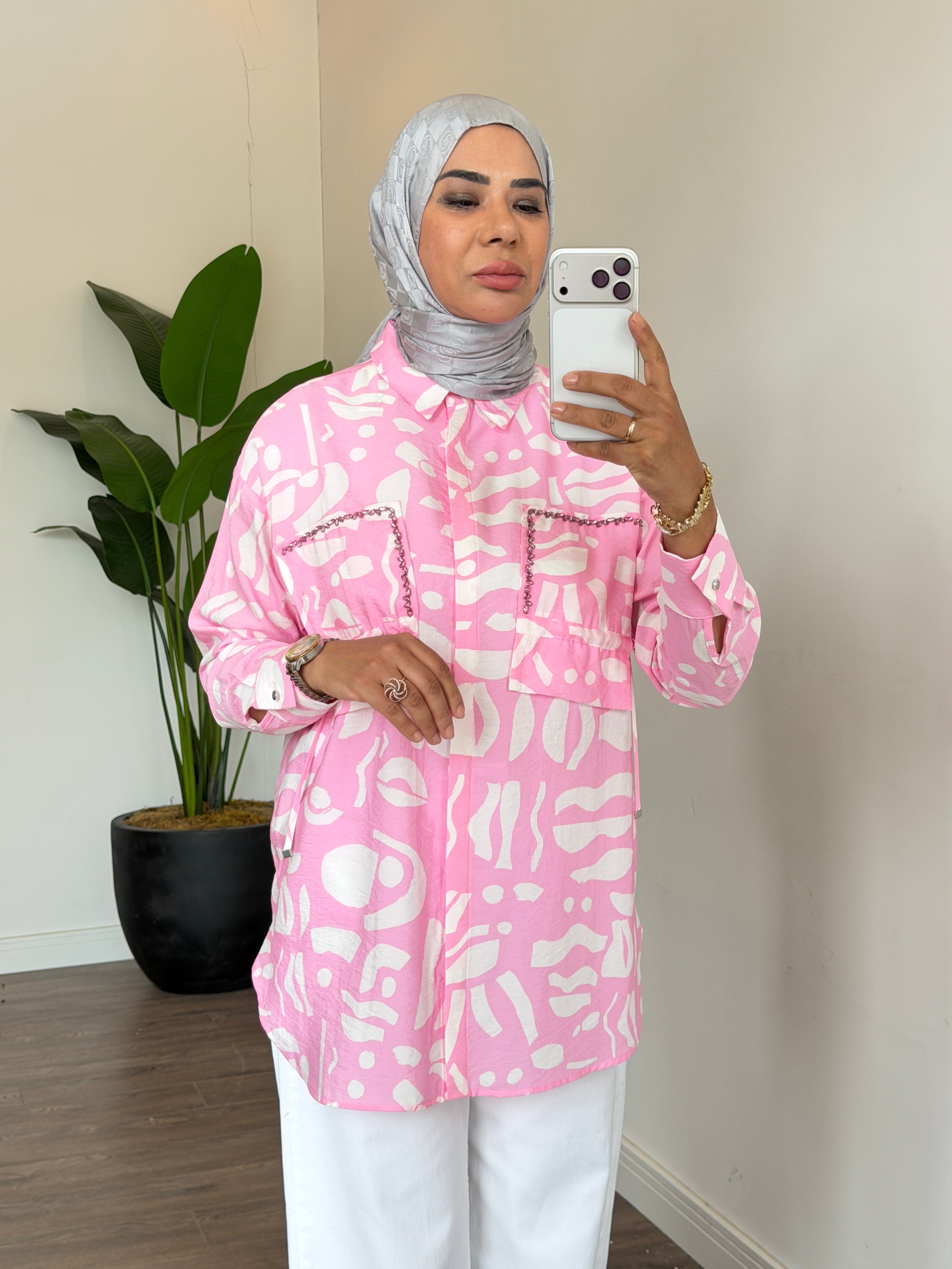 Çıtçıt Detaylı Desenli Fermuarlı Gömlek - Pembe