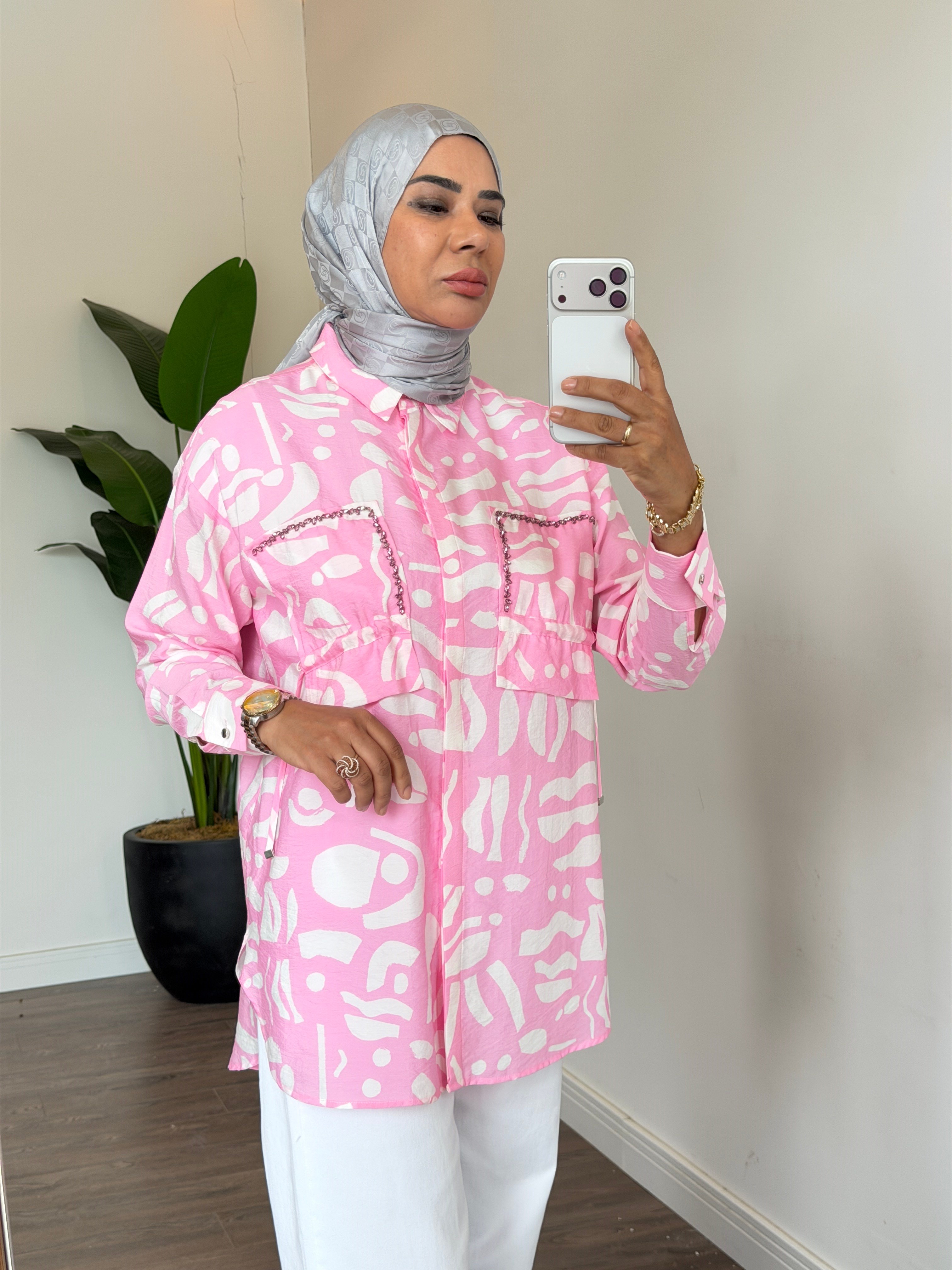 Çıtçıt Detaylı Desenli Fermuarlı Gömlek - Pembe