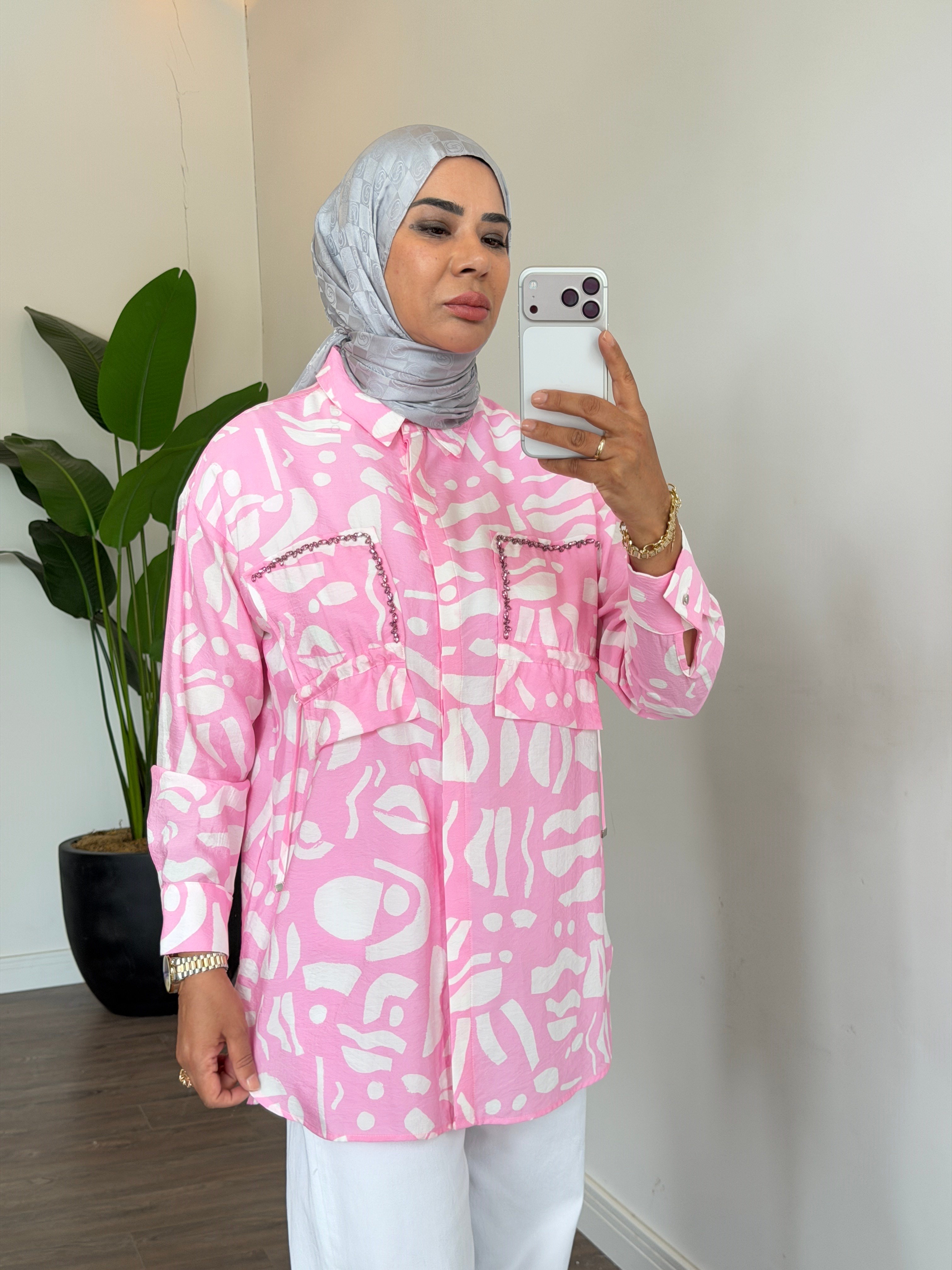 Çıtçıt Detaylı Desenli Fermuarlı Gömlek - Pembe