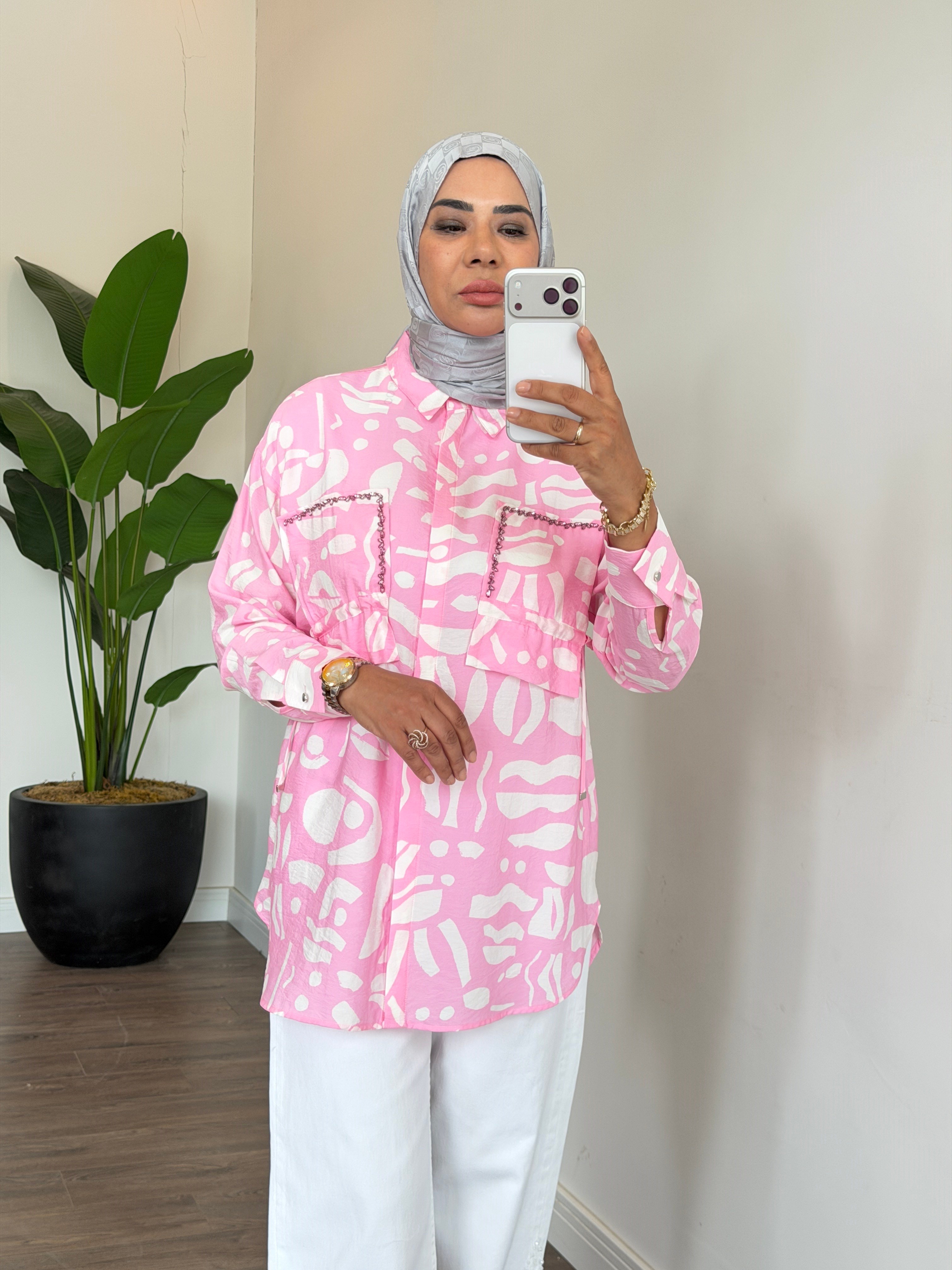 Çıtçıt Detaylı Desenli Fermuarlı Gömlek - Pembe
