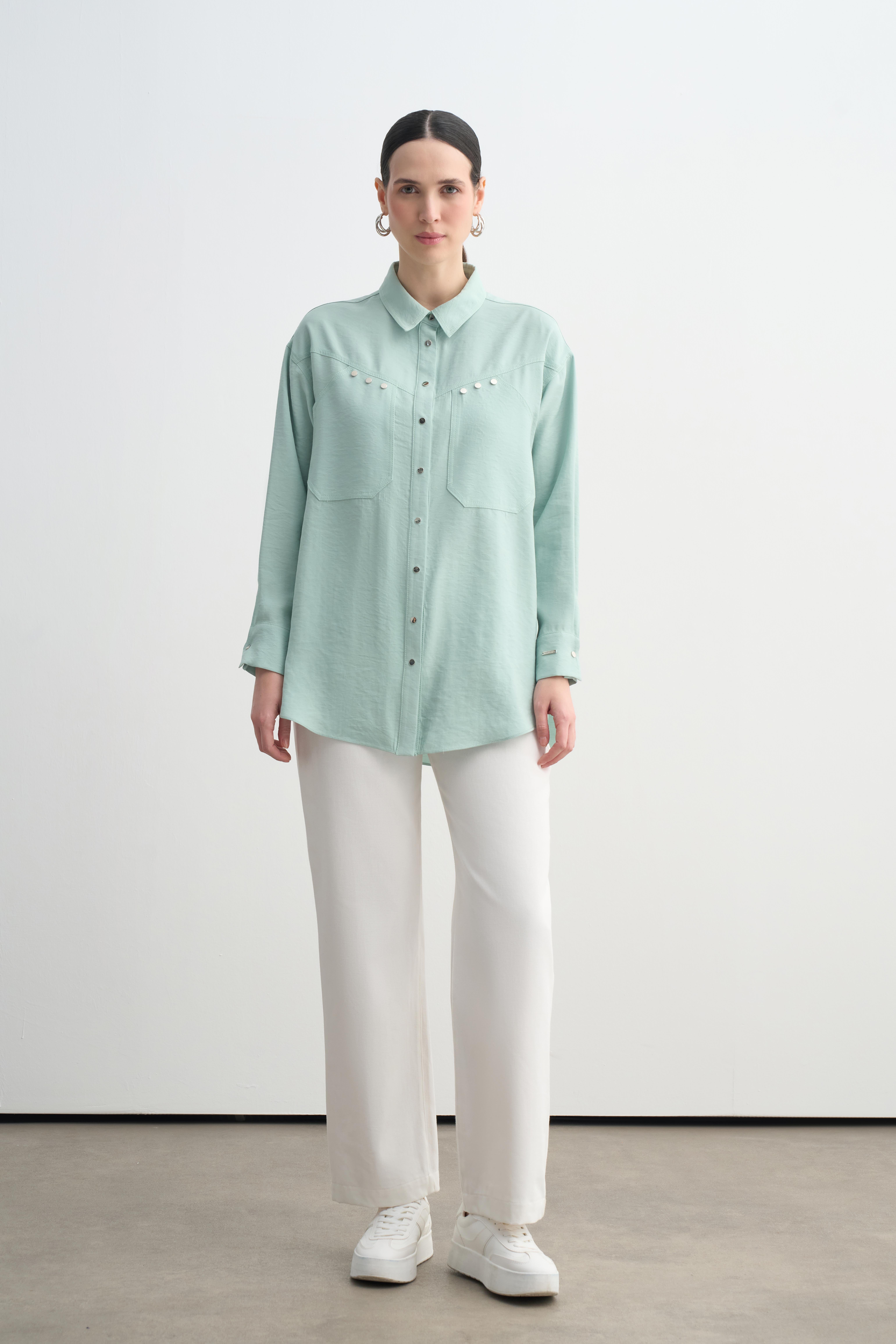 Çıtçıtlı Organik Pamuk Gömlek - Yeşil
