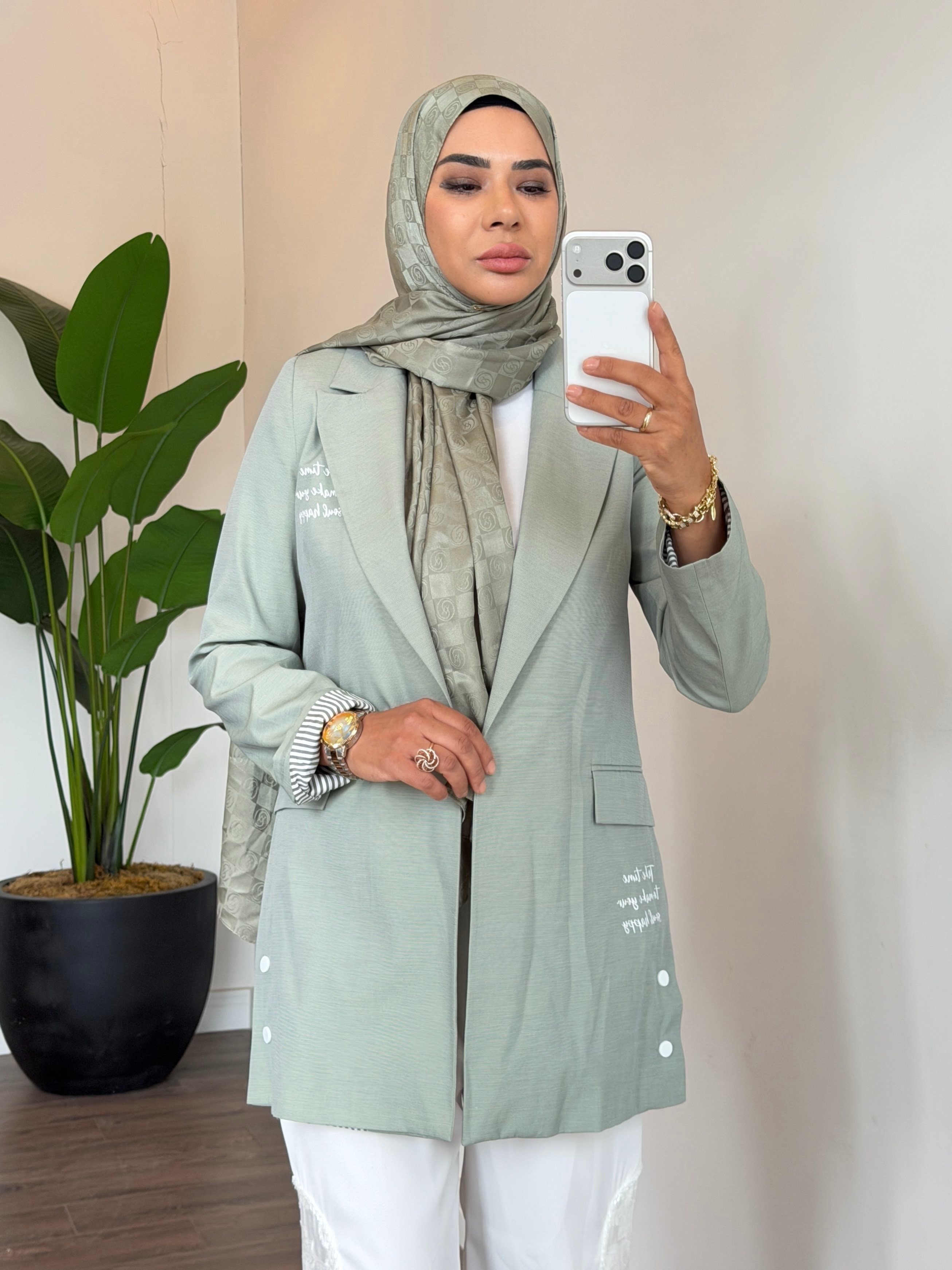 Çıtçıtlı Yazılı Casual Ceket - Yeşil