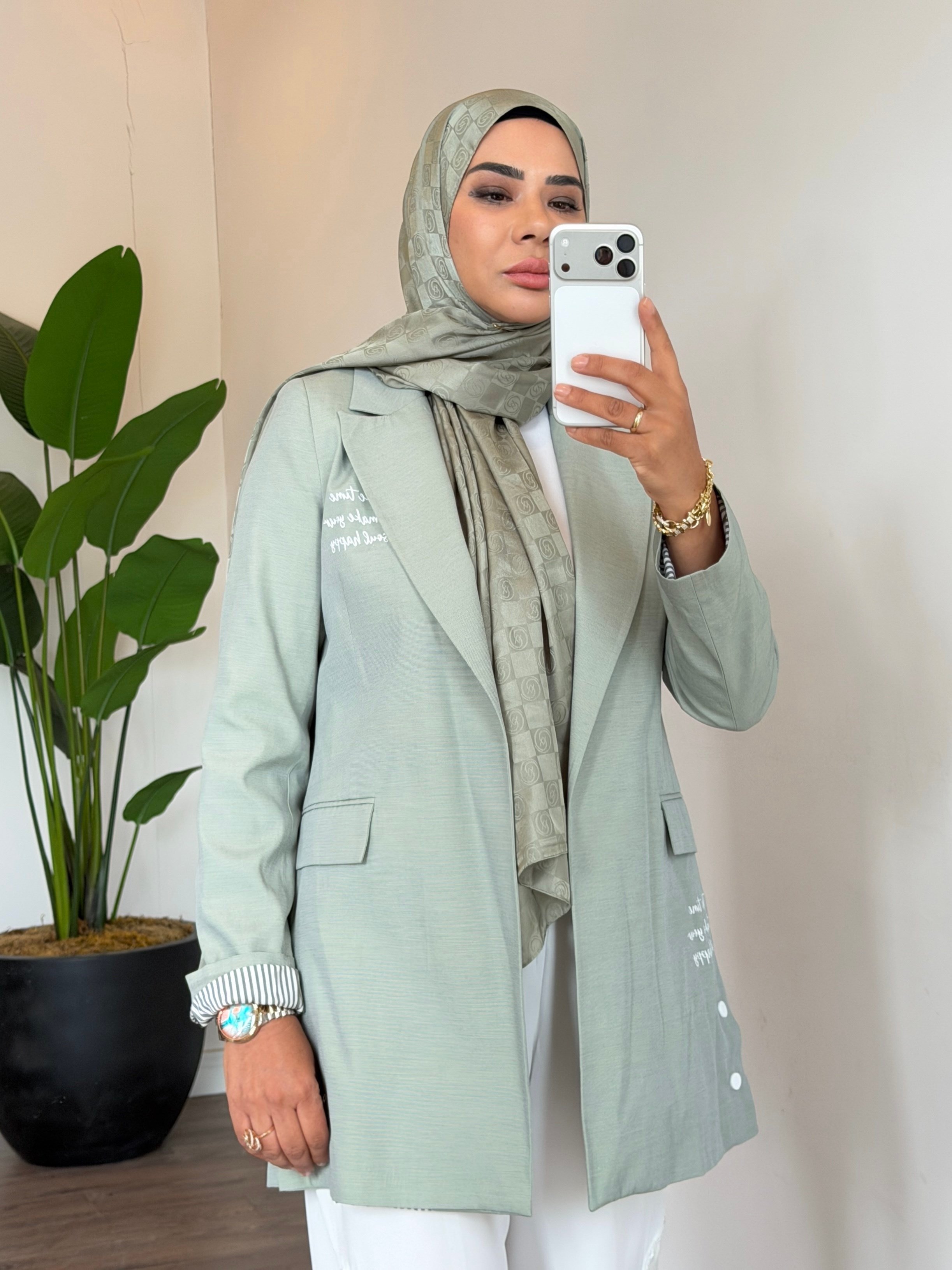 Çıtçıtlı Yazılı Casual Ceket - Yeşil