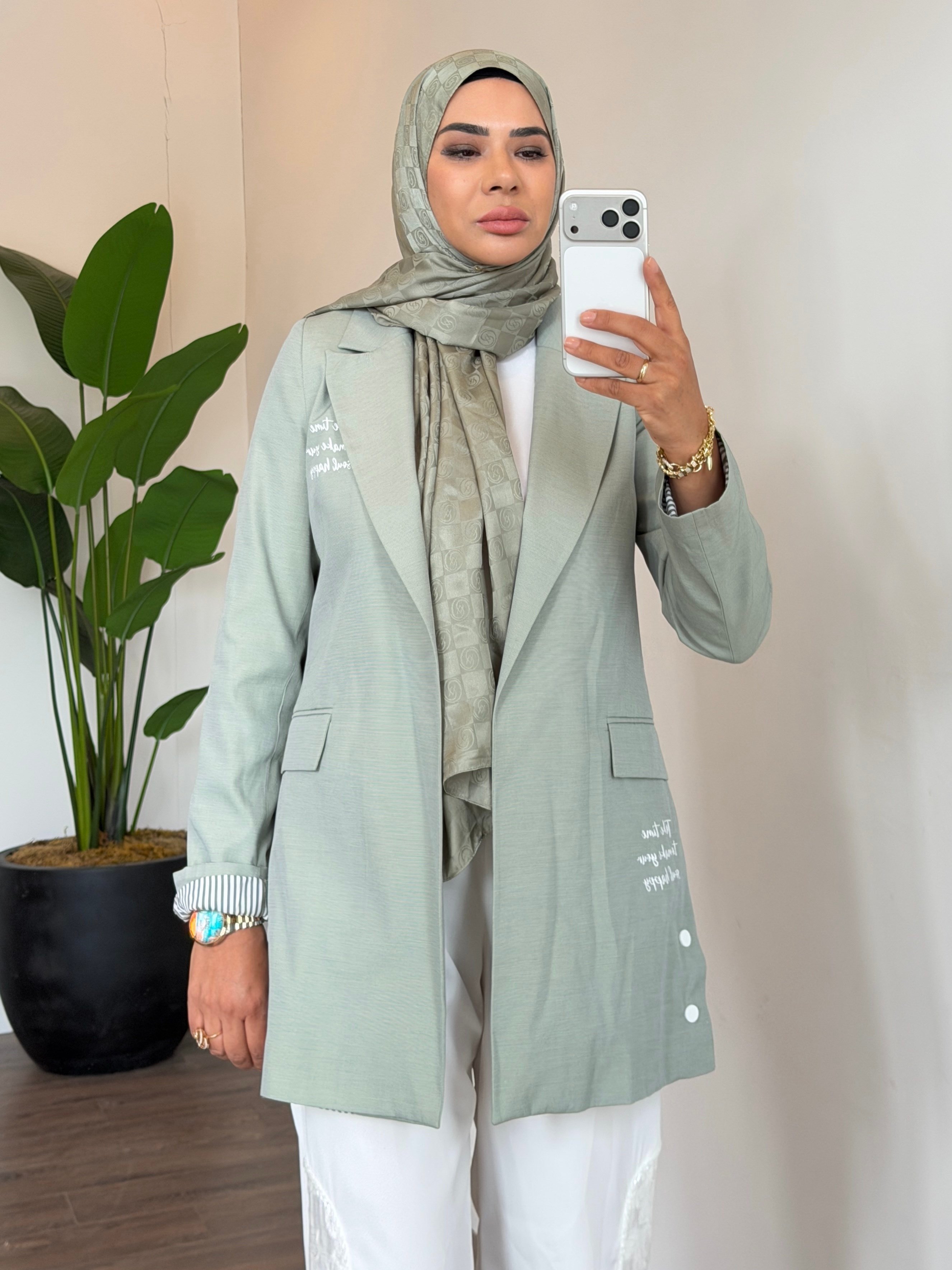 Çıtçıtlı Yazılı Casual Ceket - Yeşil