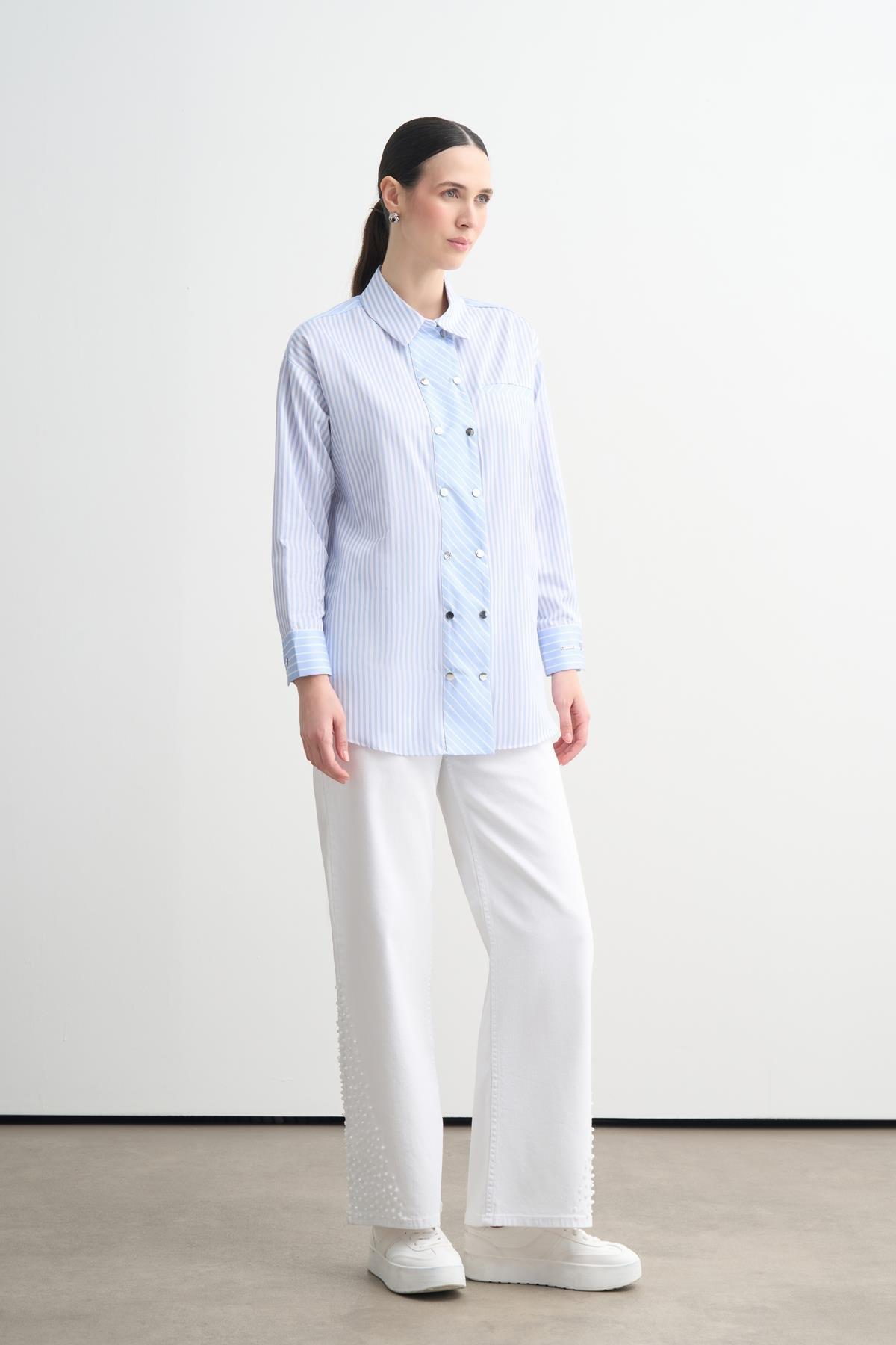Çizgili Çıt Çıt Detaylı Gömlek - Mavi