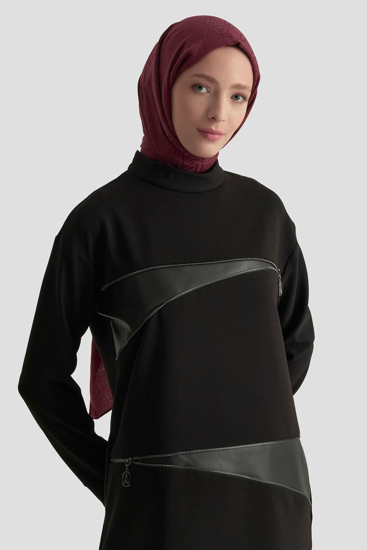 Deri Garnili Tunik - Siyah