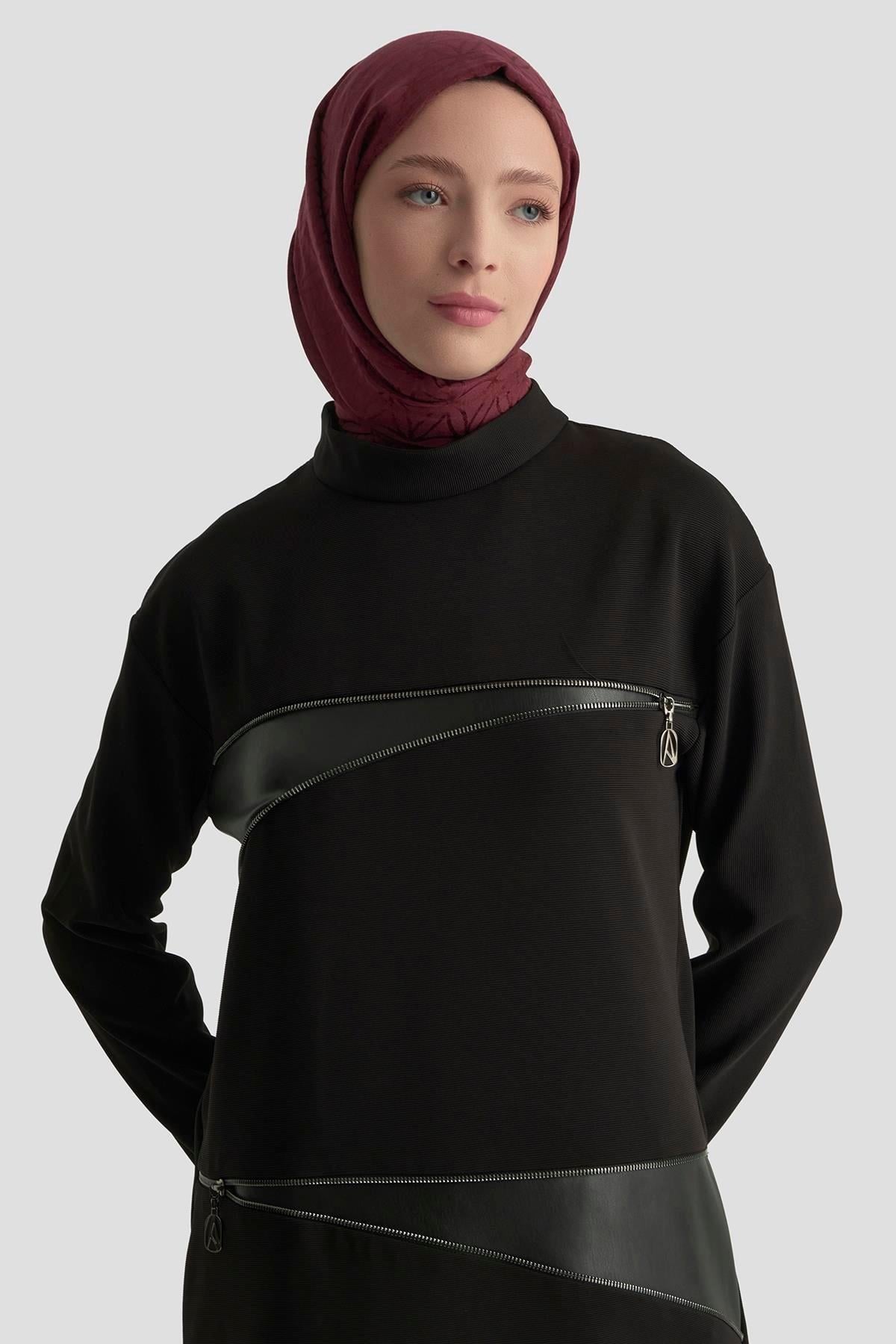 Deri Garnili Tunik - Siyah