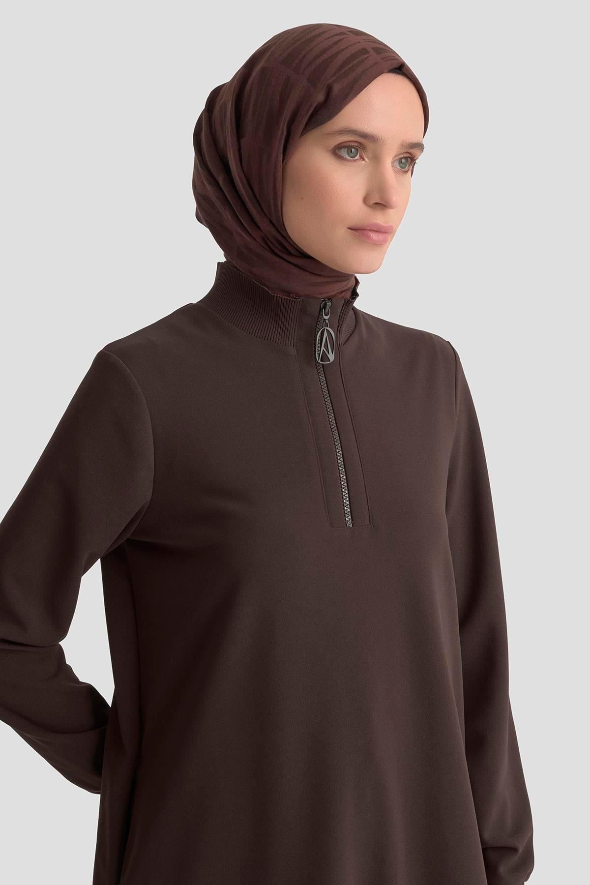 Dik Yaka Fermuarlı Basic Tunik - A.Kahve