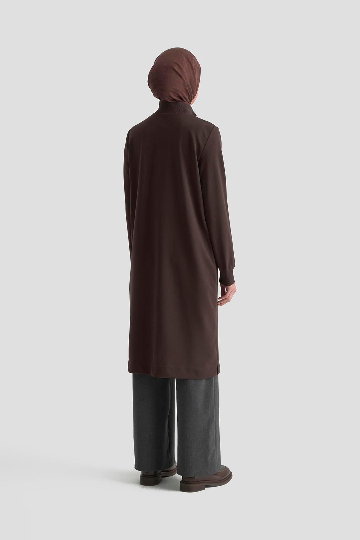 Dik Yaka Fermuarlı Basic Tunik - A.Kahve