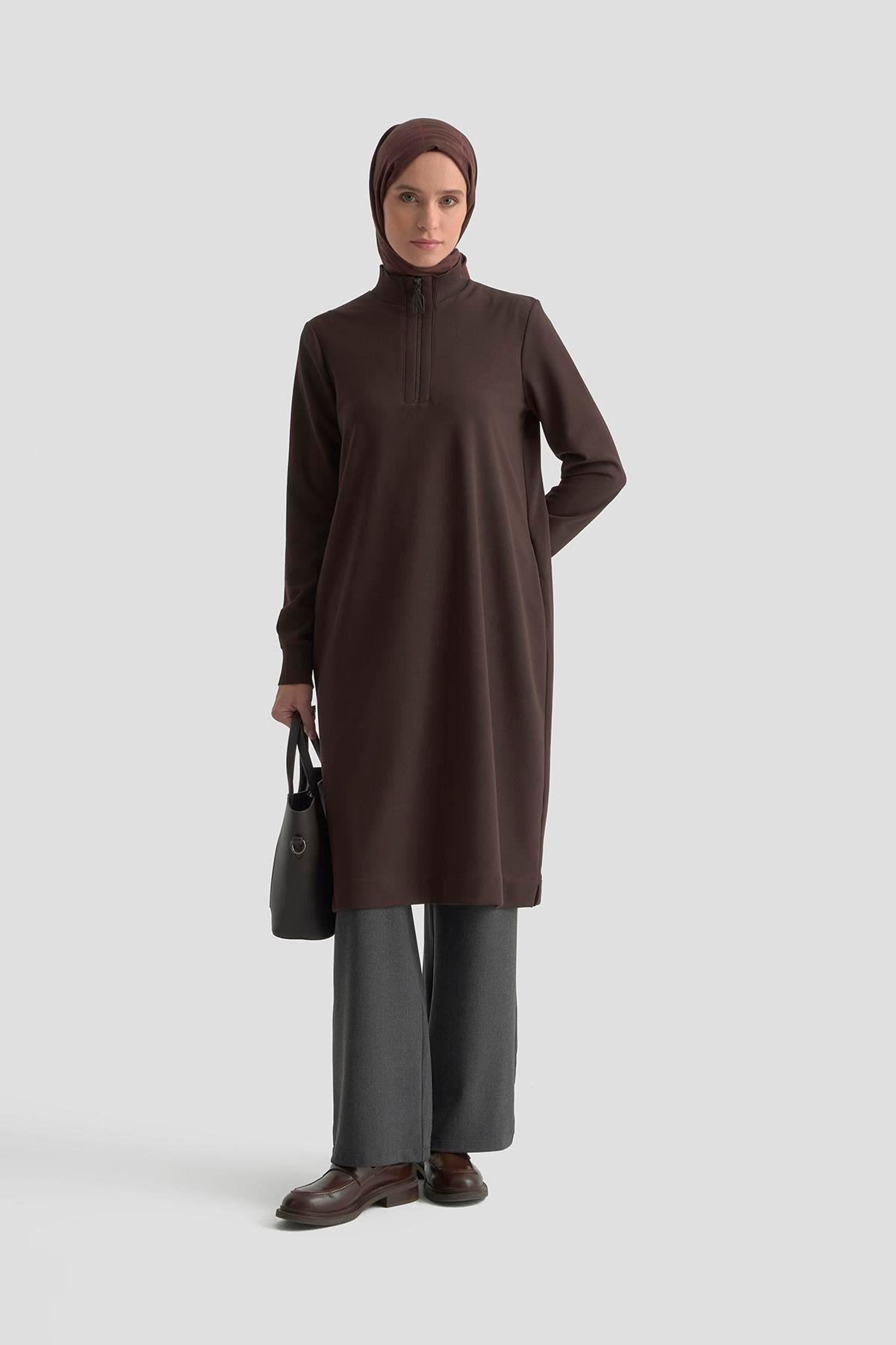 Dik Yaka Fermuarlı Basic Tunik - A.Kahve
