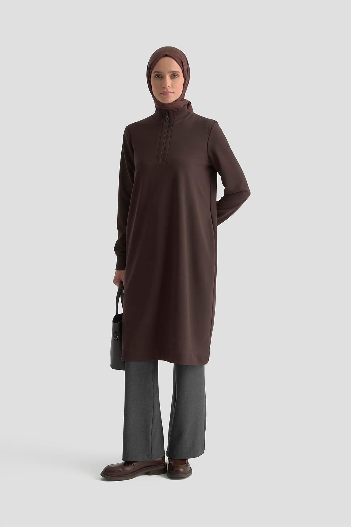 Dik Yaka Fermuarlı Basic Tunik - A.Kahve