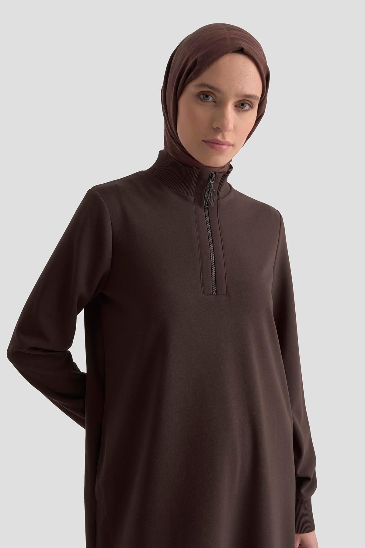 Dik Yaka Fermuarlı Basic Tunik - A.Kahve