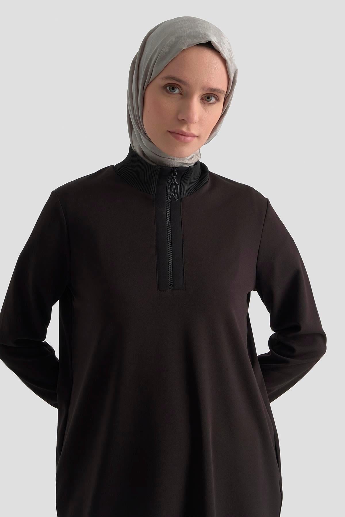 Dik Yaka Fermuarlı Basic Tunik - Siyah