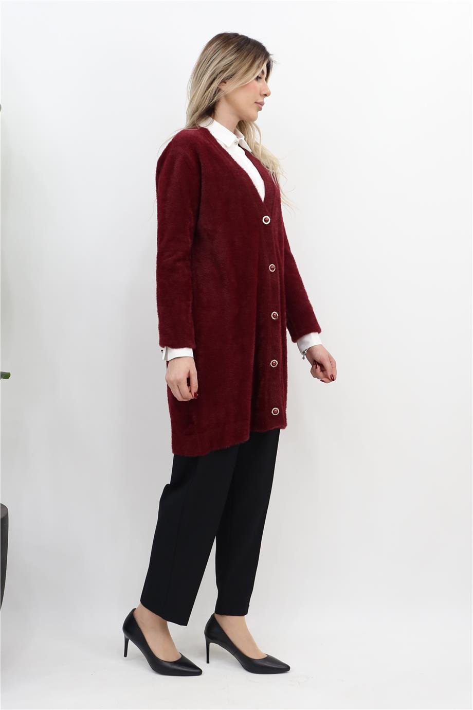 Düğme Kapamalı Peluş Hırka - Bordo
