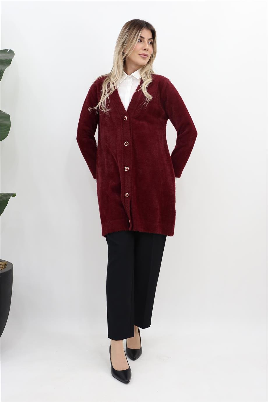 Düğme Kapamalı Peluş Hırka - Bordo