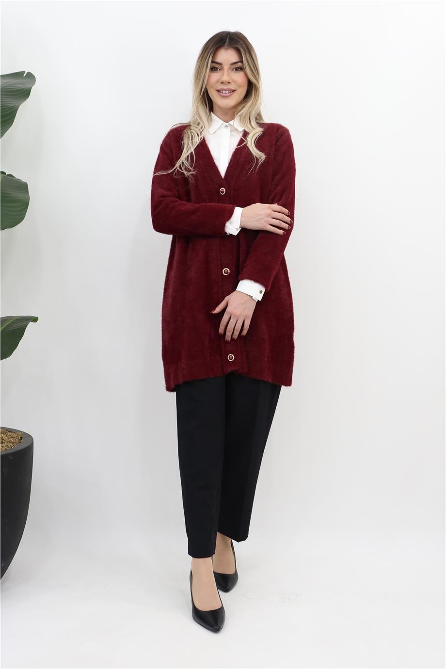 Düğme Kapamalı Peluş Hırka - Bordo