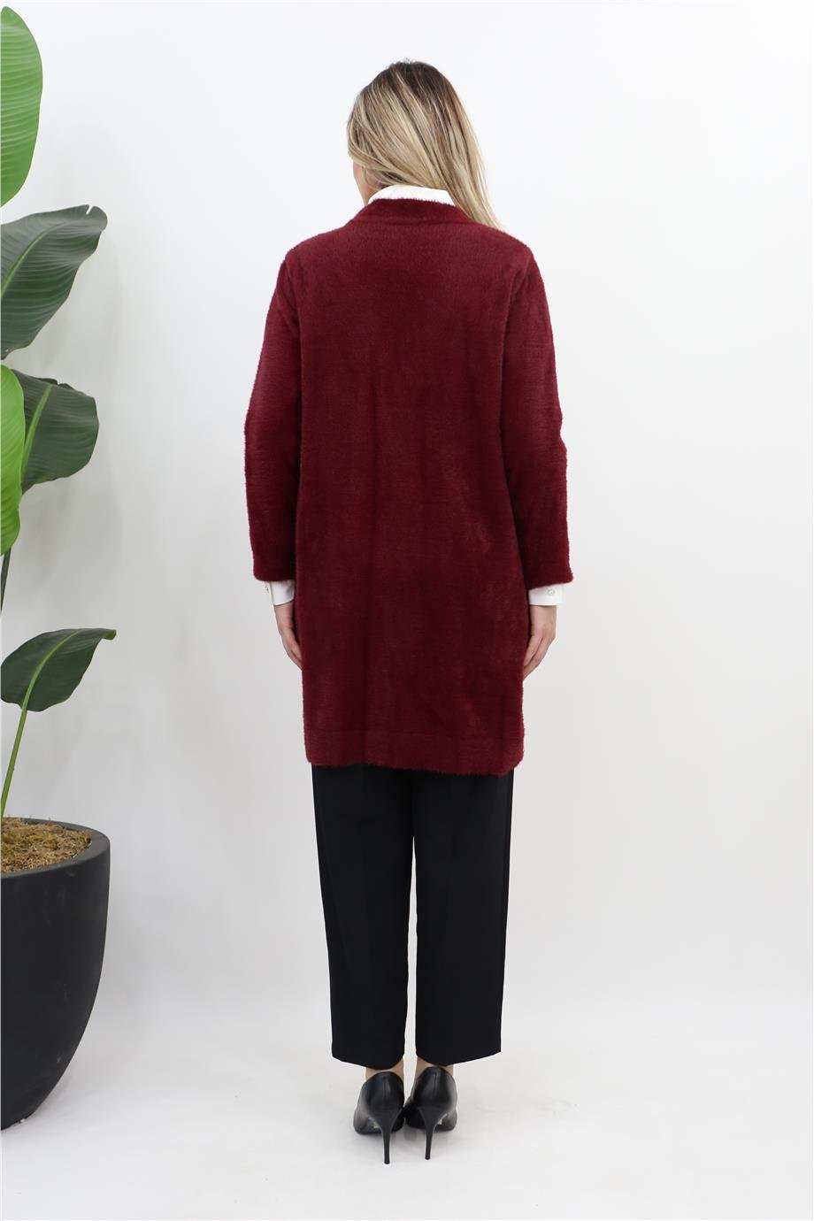 Düğme Kapamalı Peluş Hırka - Bordo