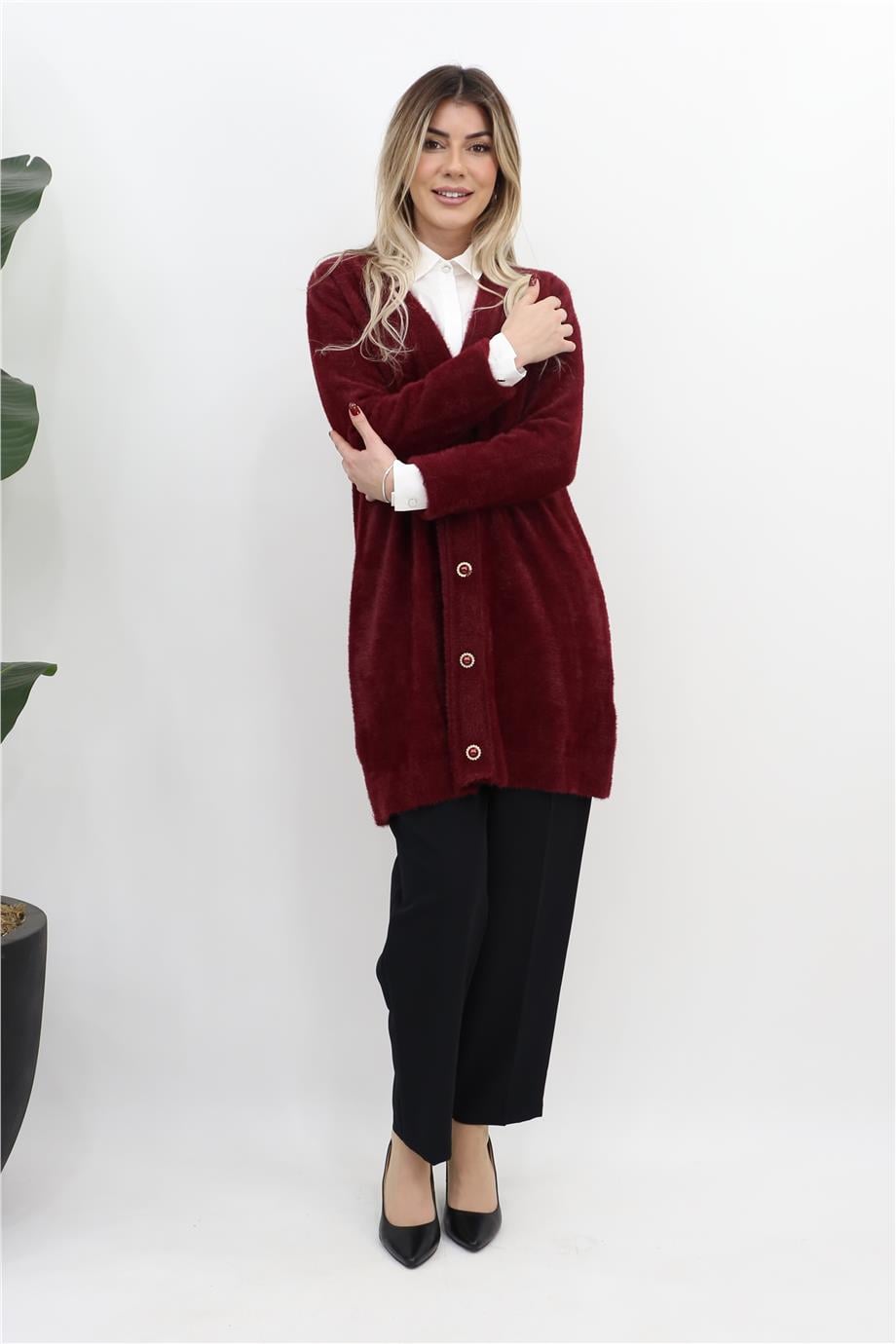 Düğme Kapamalı Peluş Hırka - Bordo