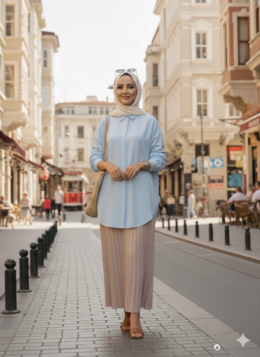 Düşük Omuz Pamuklu Gömlek - Açık Mavi