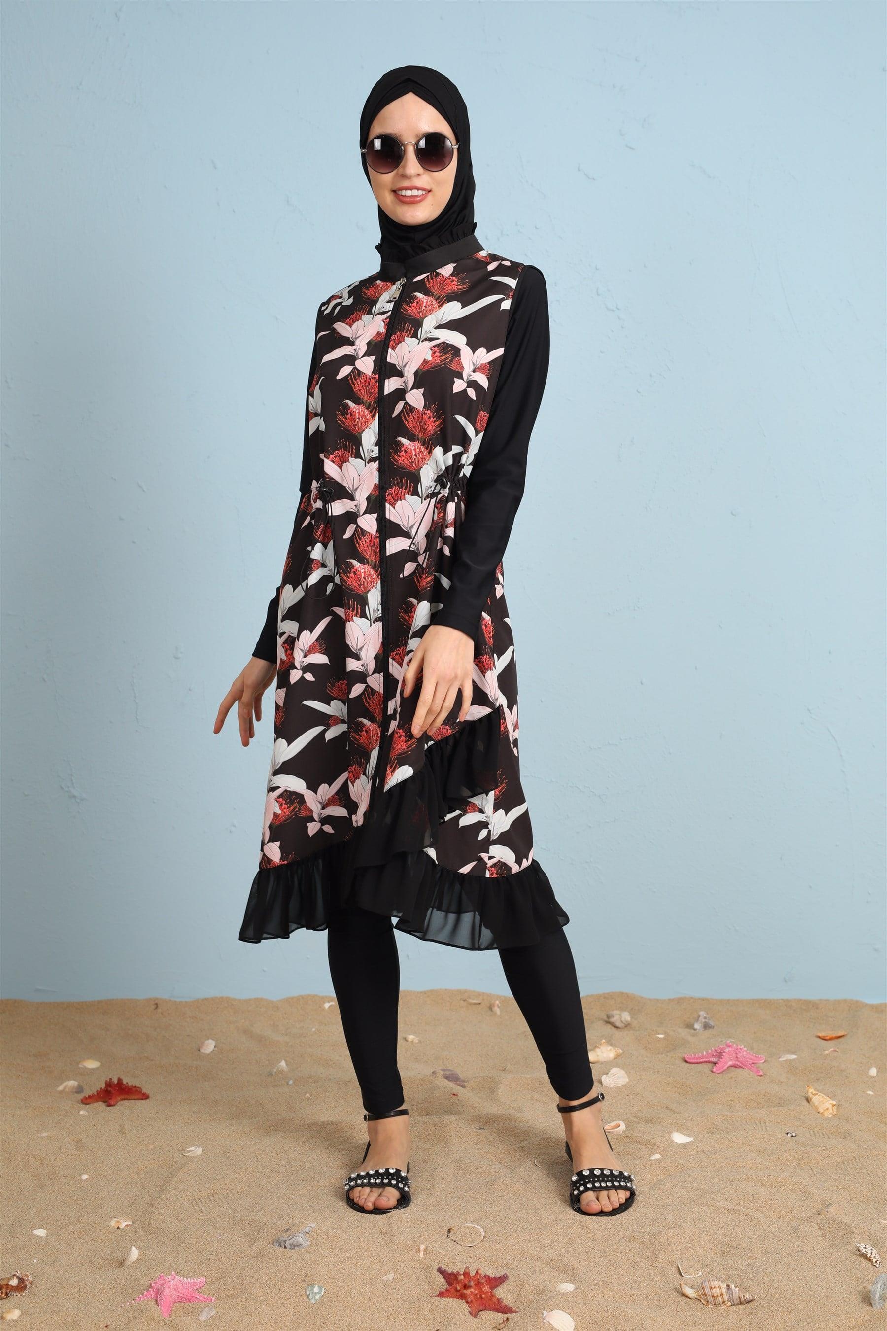 Etek Ucu Şifonlu Tesettür Mayo - Siyah