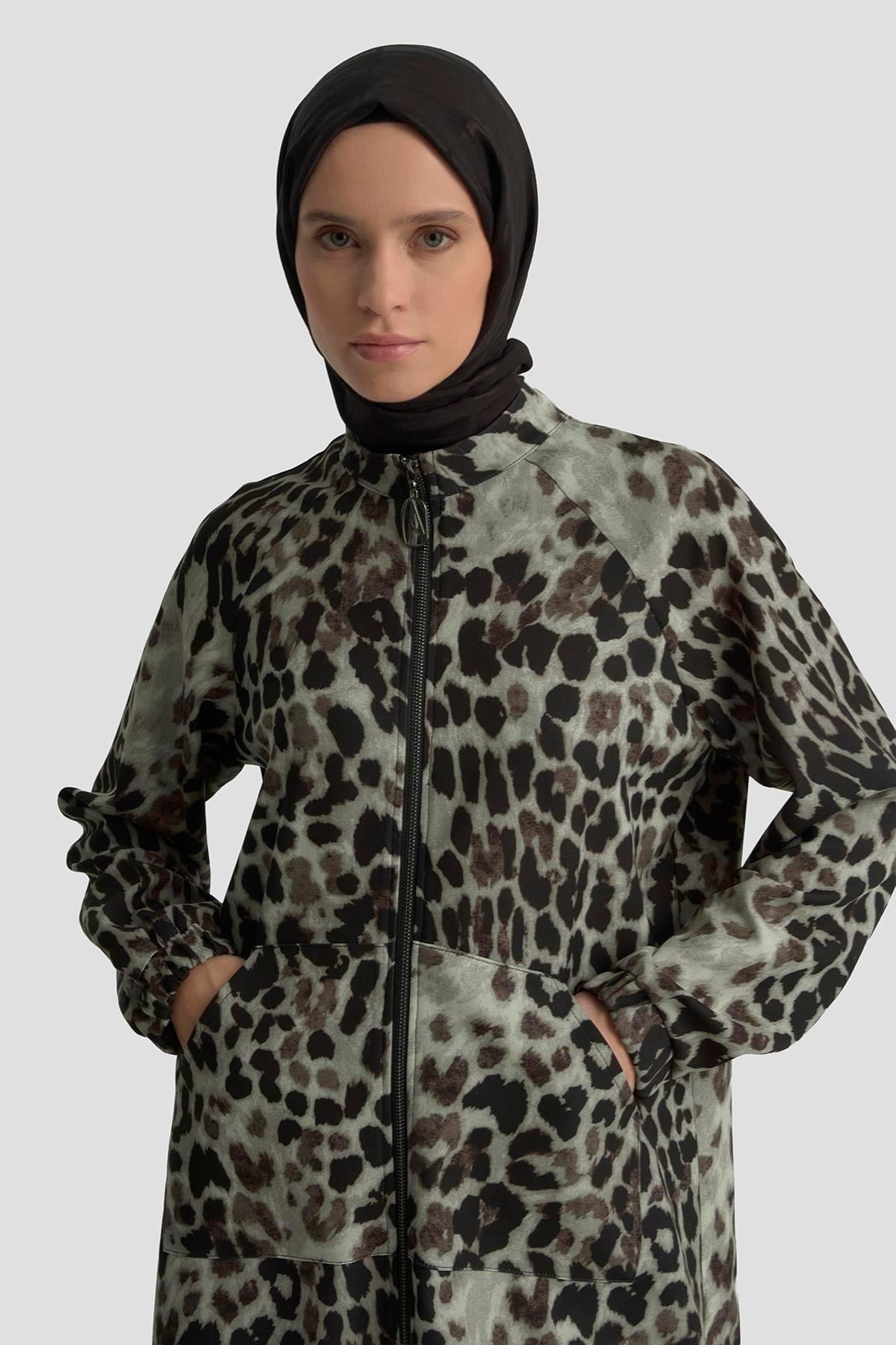 Fermuarlı Leopar Desen Tunik - Siyah