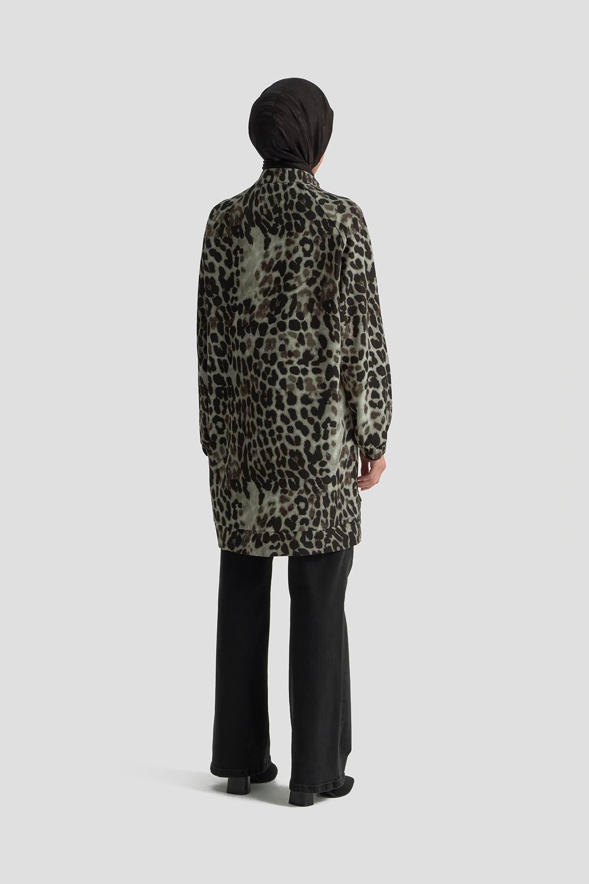 Fermuarlı Leopar Desen Tunik - Siyah