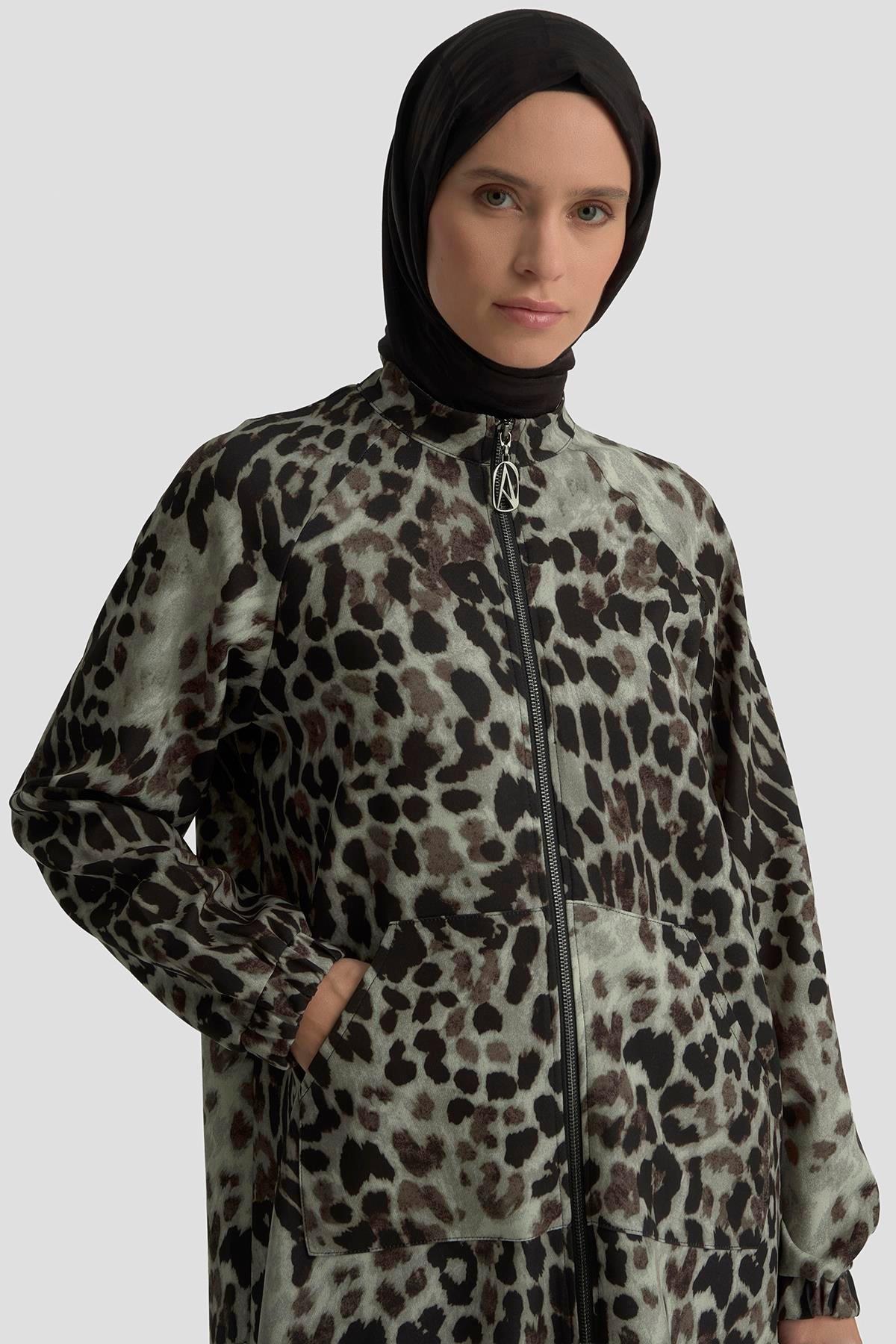 Fermuarlı Leopar Desen Tunik - Siyah