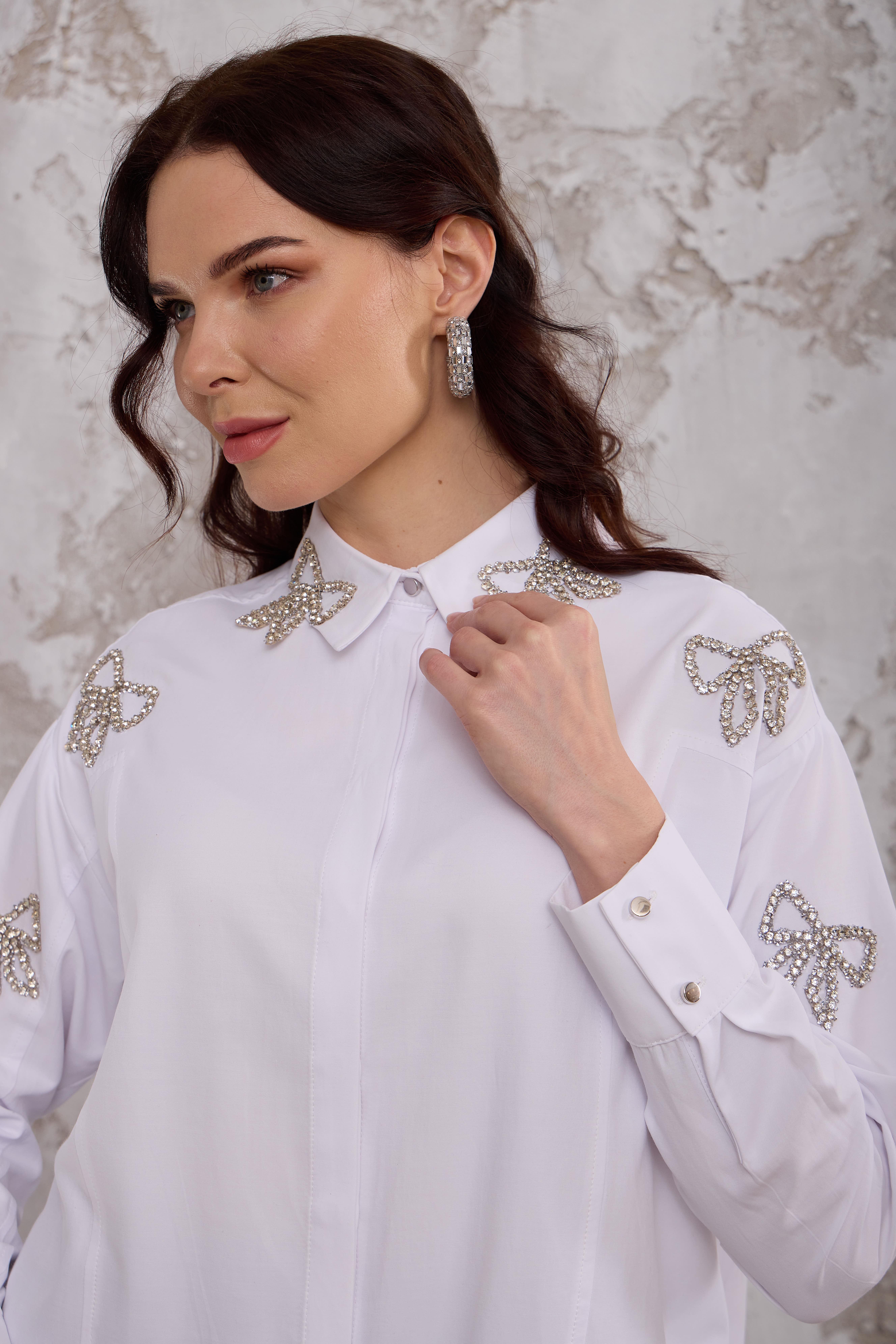 Fiyonk Taşlı Pamuk Saten Gömlek - Beyaz