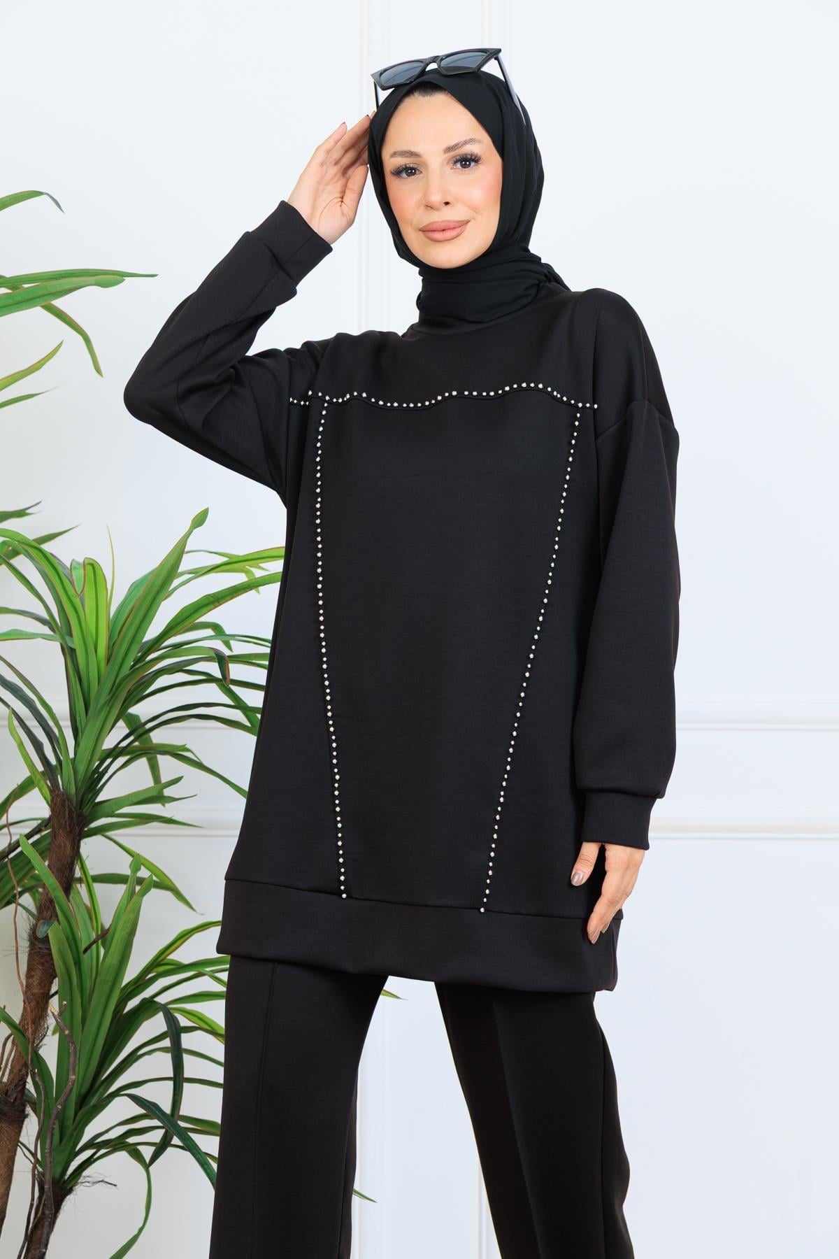 Gümüş İncili Scuba Tunik - Siyah