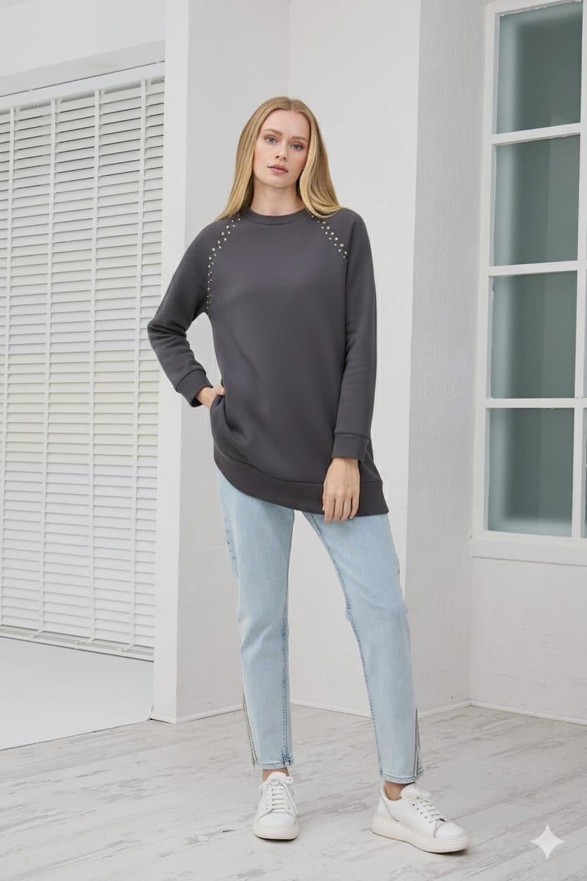 İçi Polarlı Zımbalı Sweatshirt - Antrasıt