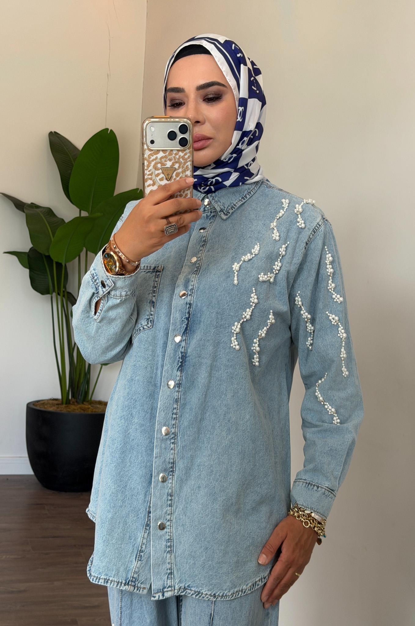 İncili Denim Takım - Açık Mavi