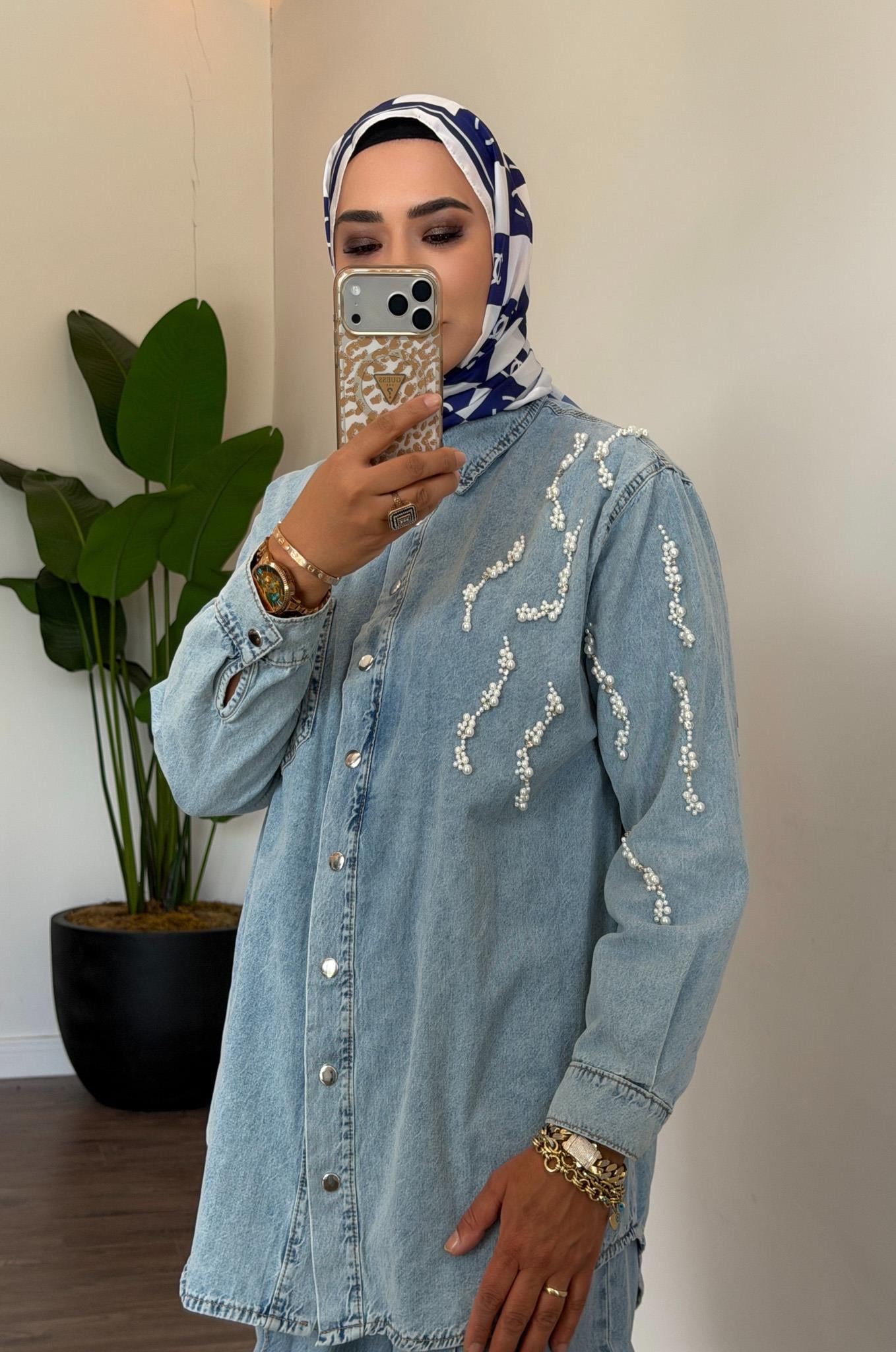 İncili Denim Takım - Açık Mavi