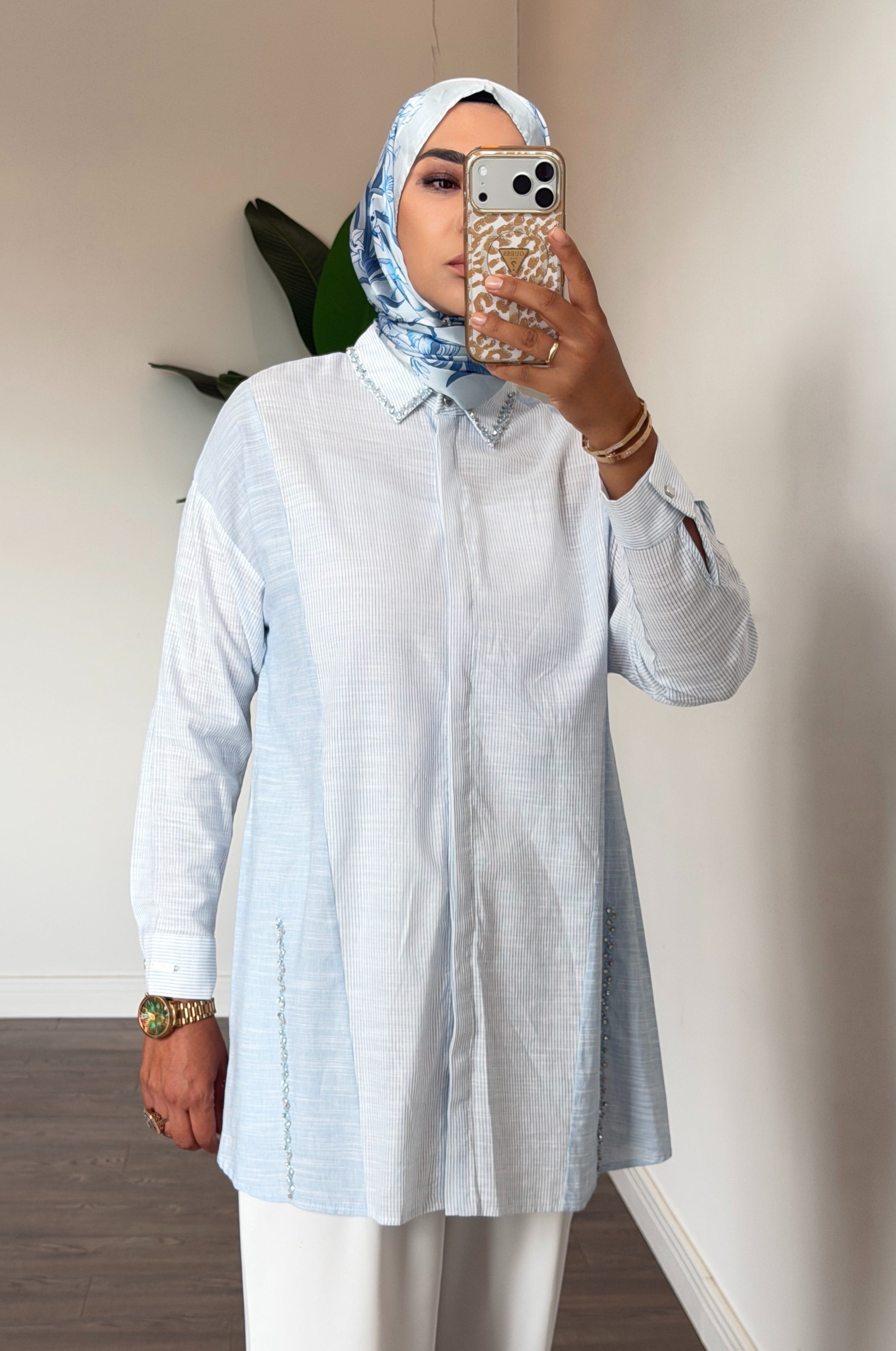 İşleme Detaylı Bambu Gömlek - Mavi