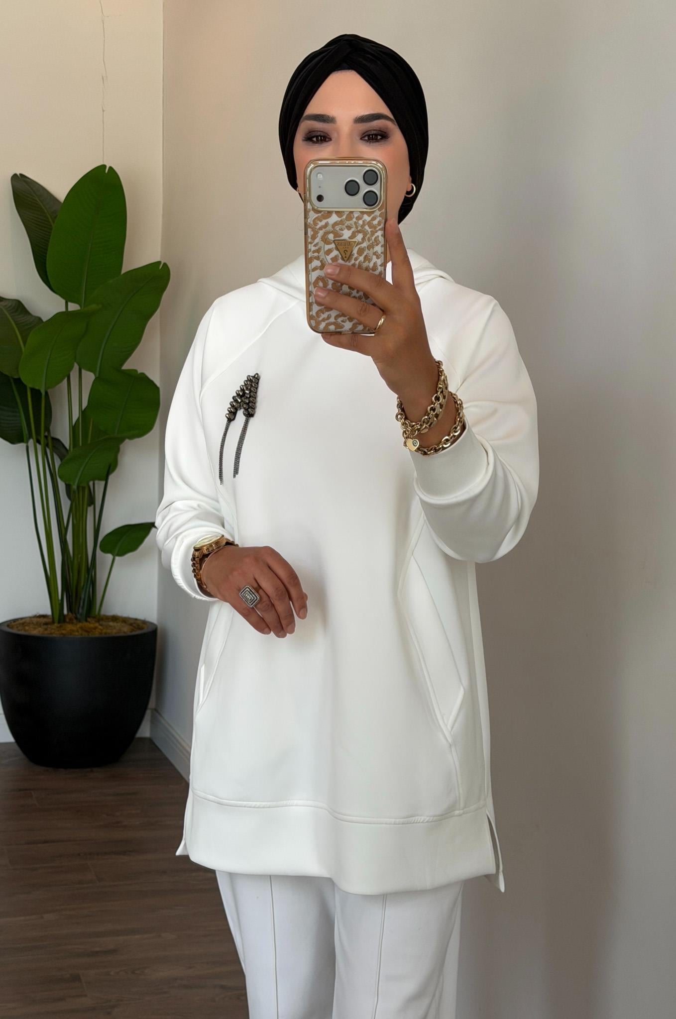 Kapüşonlu Detaylı Sweatshirt - Ekru