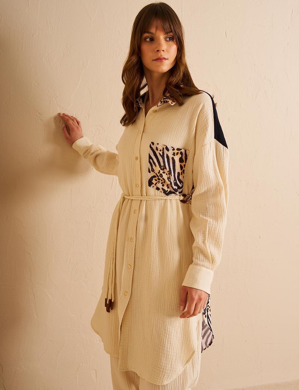 Kayra Animal Print Desenli Müslin Tunik - Krem