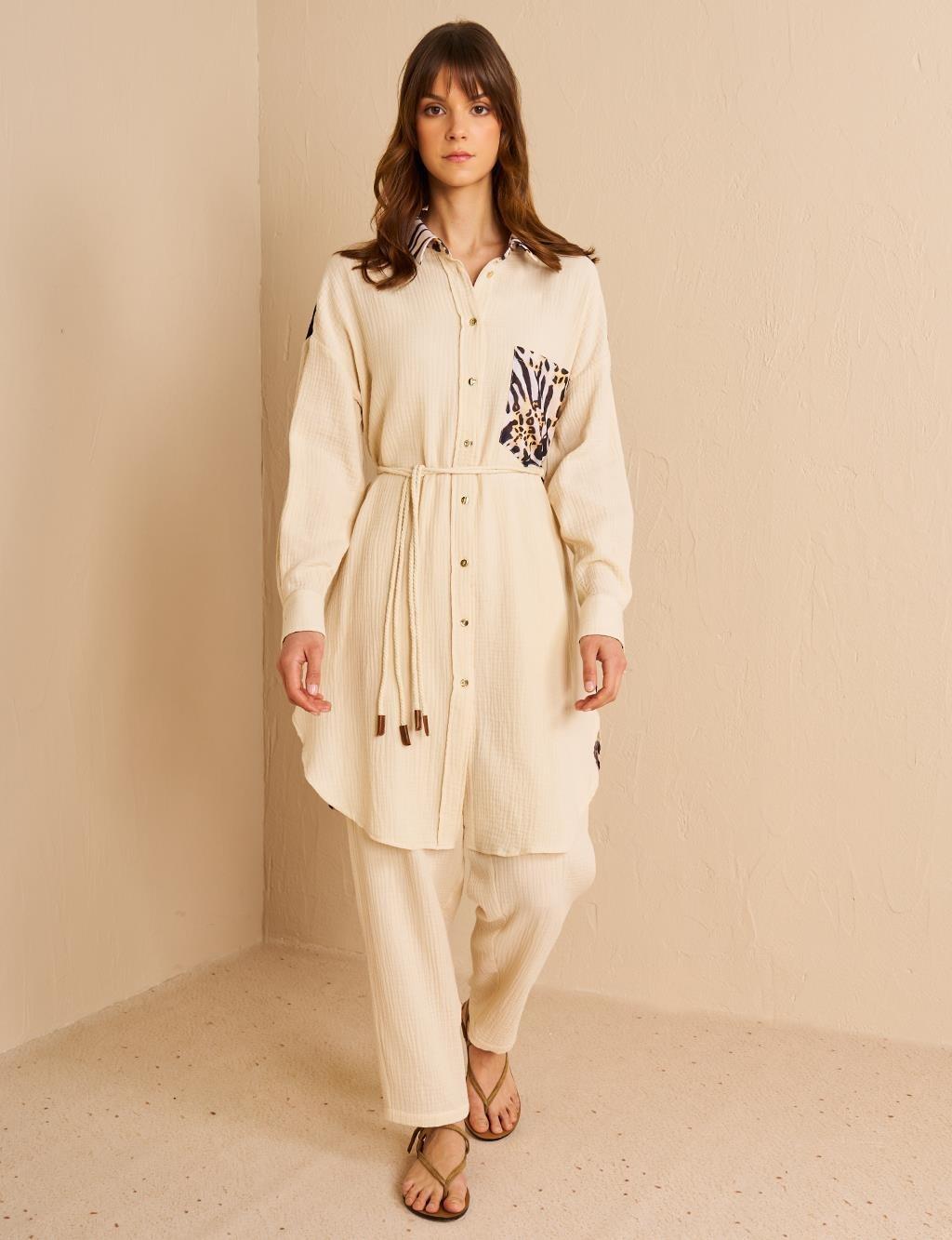 Kayra Animal Print Desenli Müslin Tunik - Krem