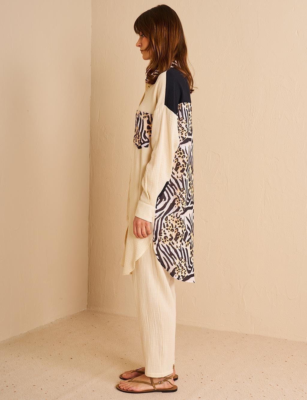 Kayra Animal Print Desenli Müslin Tunik - Krem