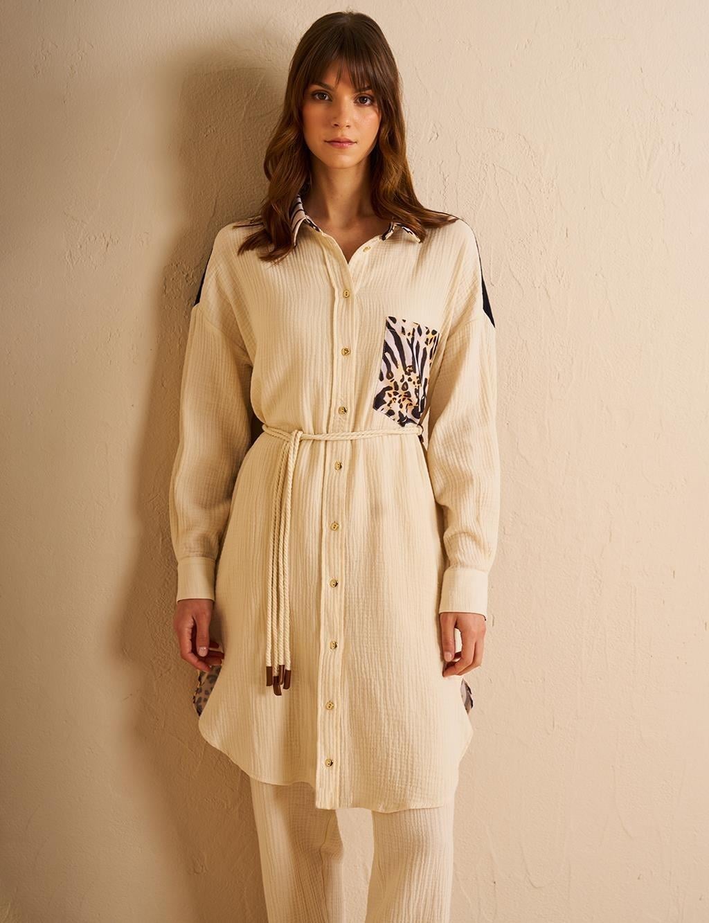 Kayra Animal Print Desenli Müslin Tunik - Krem