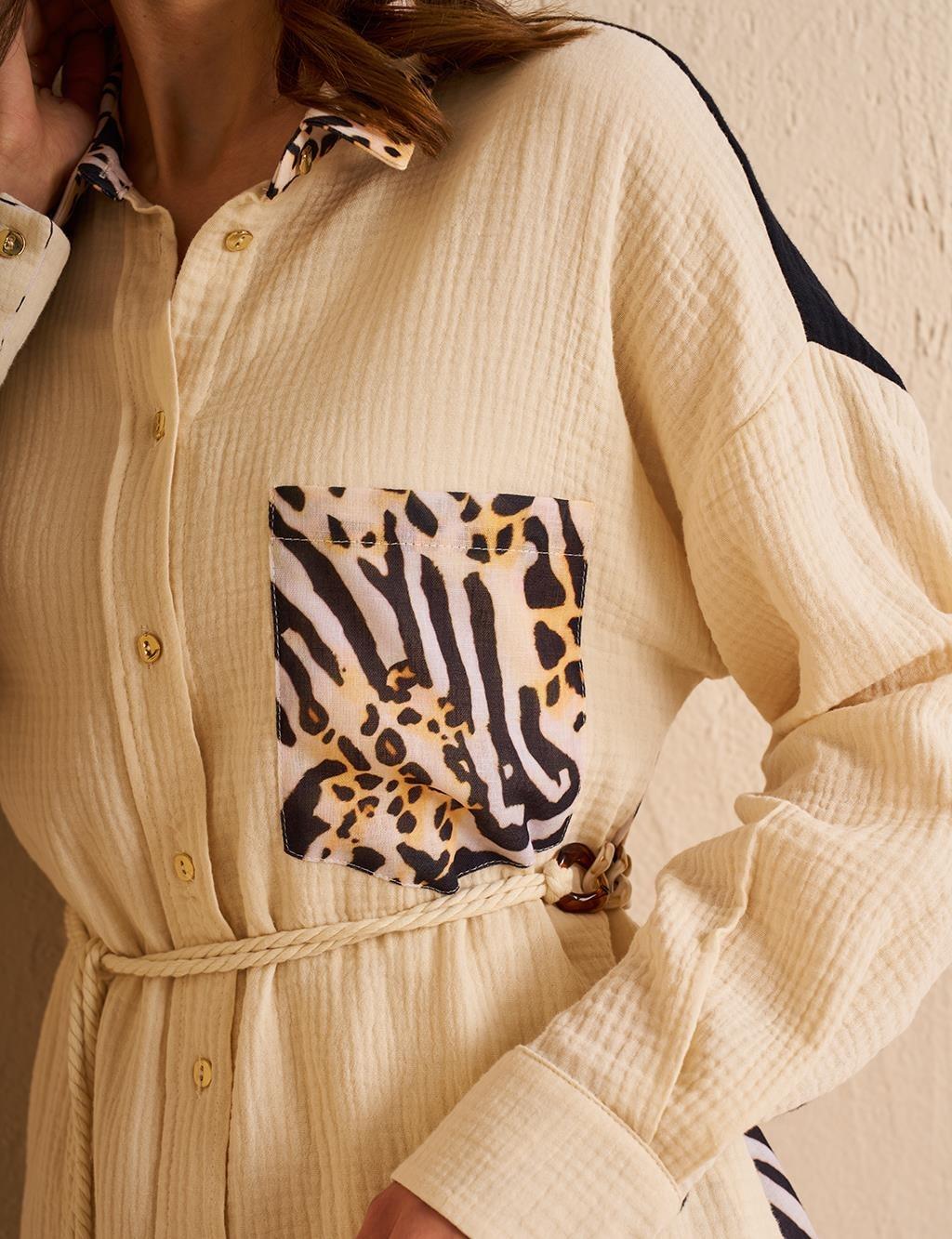 Kayra Animal Print Desenli Müslin Tunik - Krem
