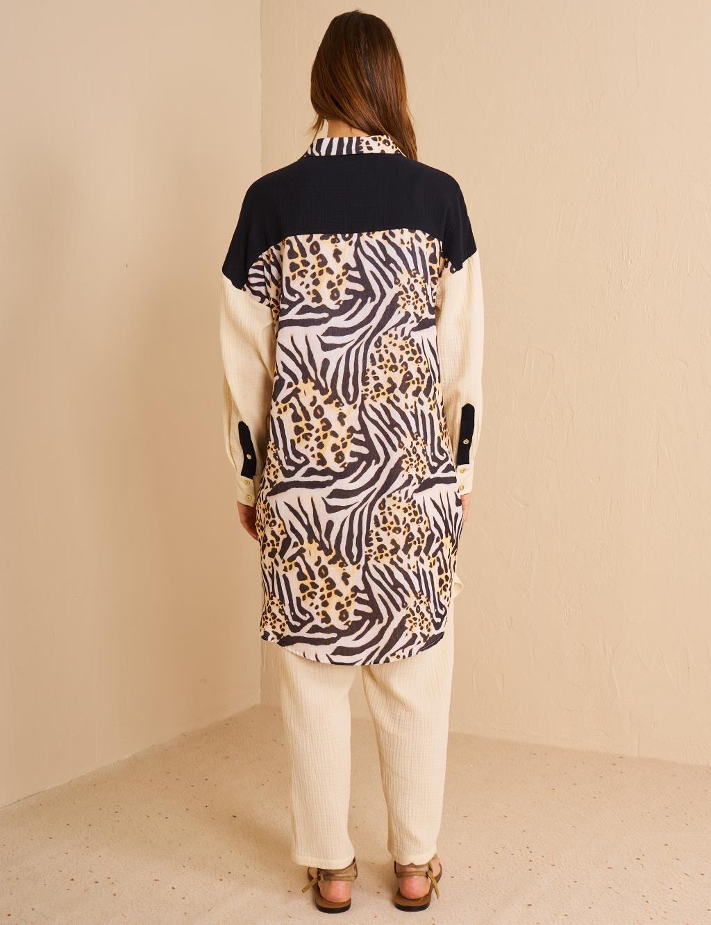 Kayra Animal Print Desenli Müslin Tunik - Krem