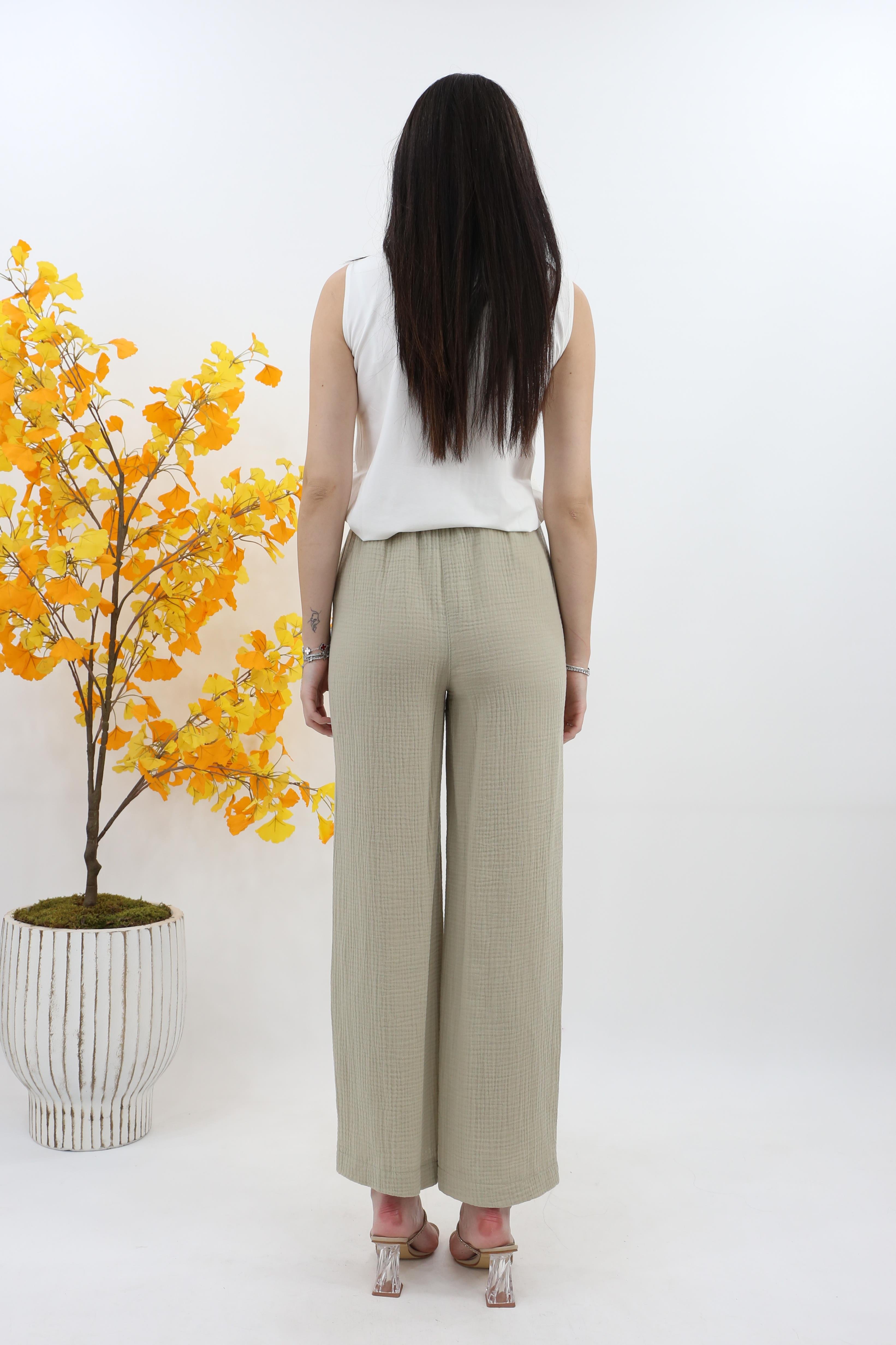 Kayra Beli Lastikli Müslin Pantolon KA-B25-19075 - K.Yeşili