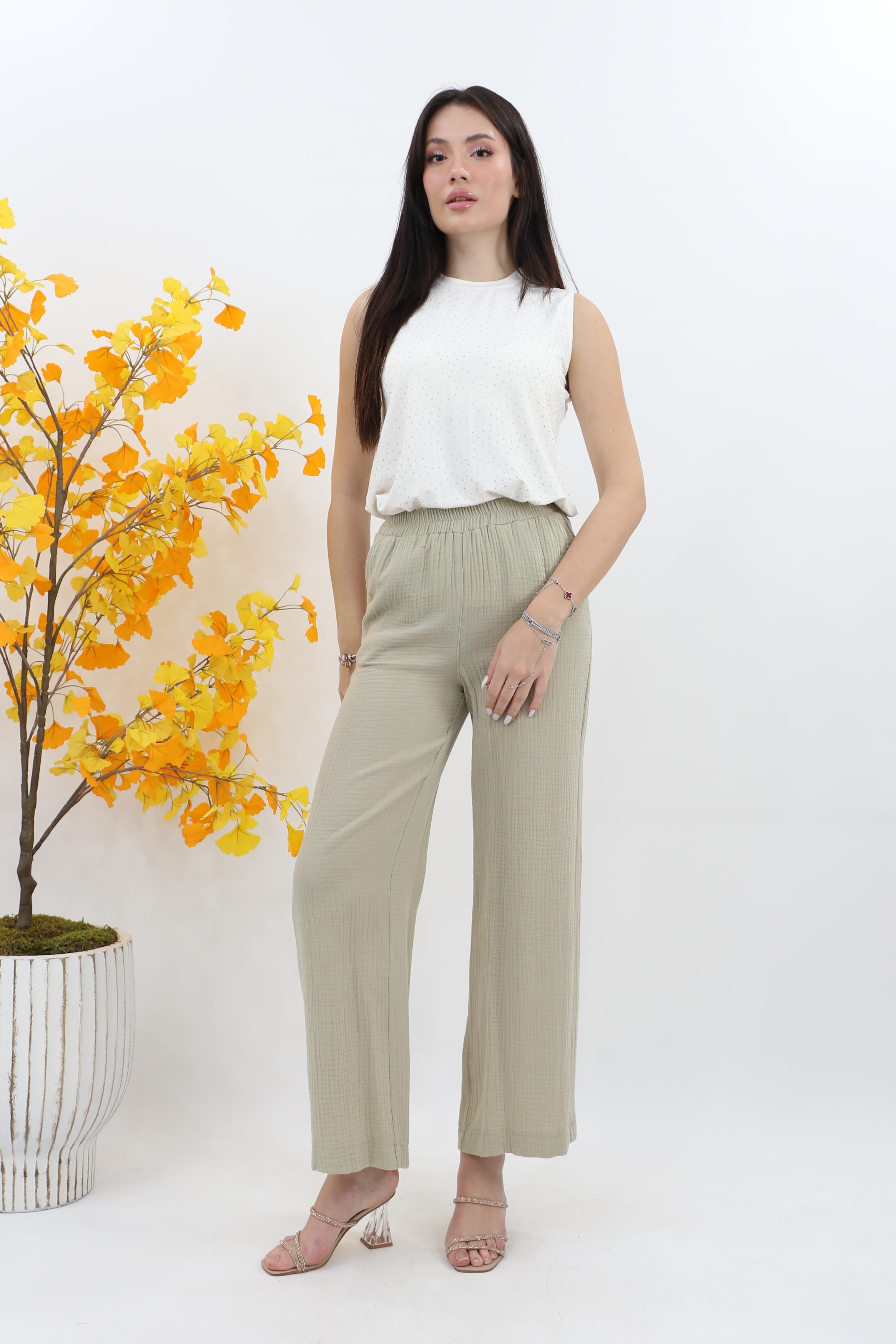 Kayra Beli Lastikli Müslin Pantolon KA-B25-19075 - K.Yeşili