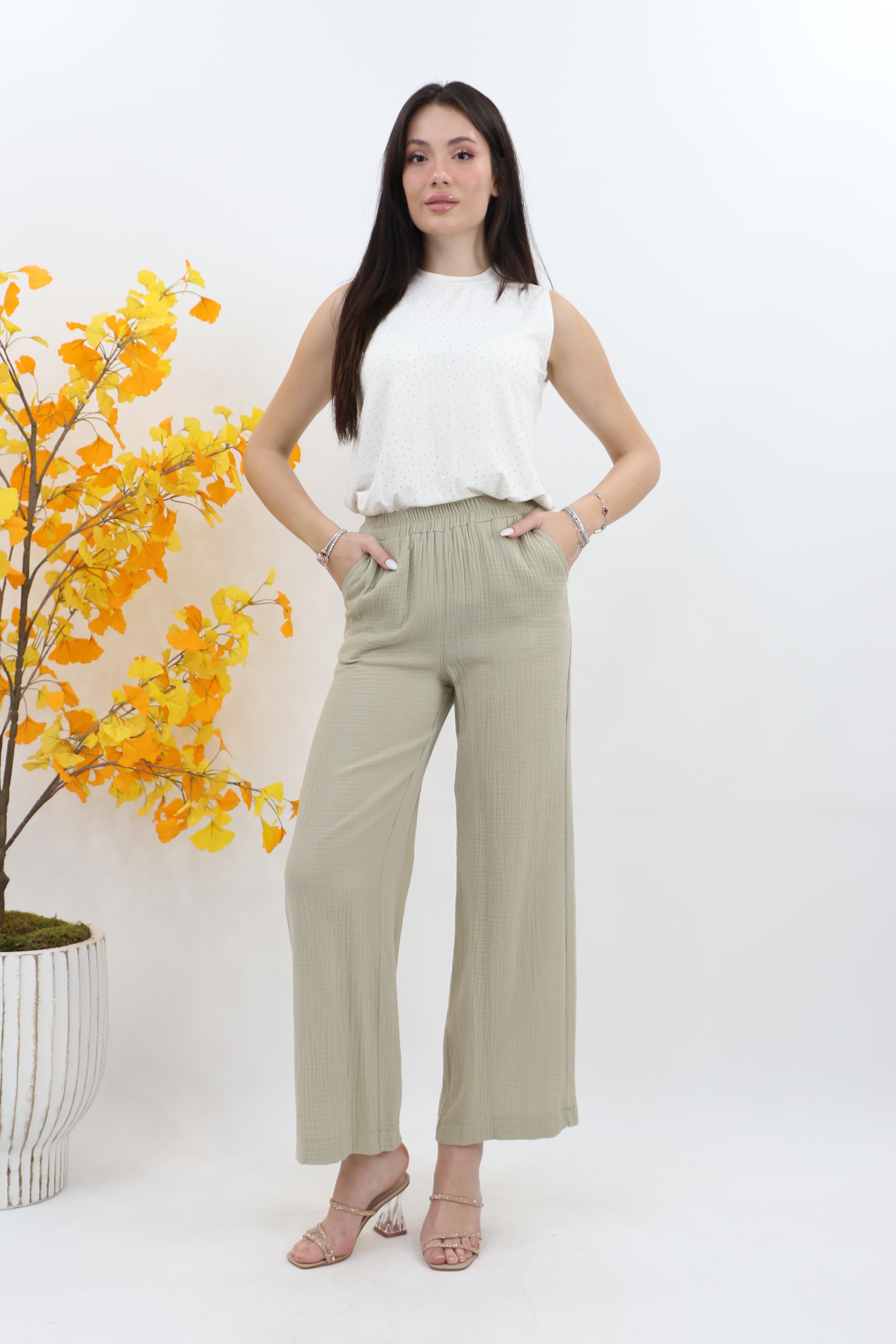 Kayra Beli Lastikli Müslin Pantolon KA-B25-19075 - K.Yeşili