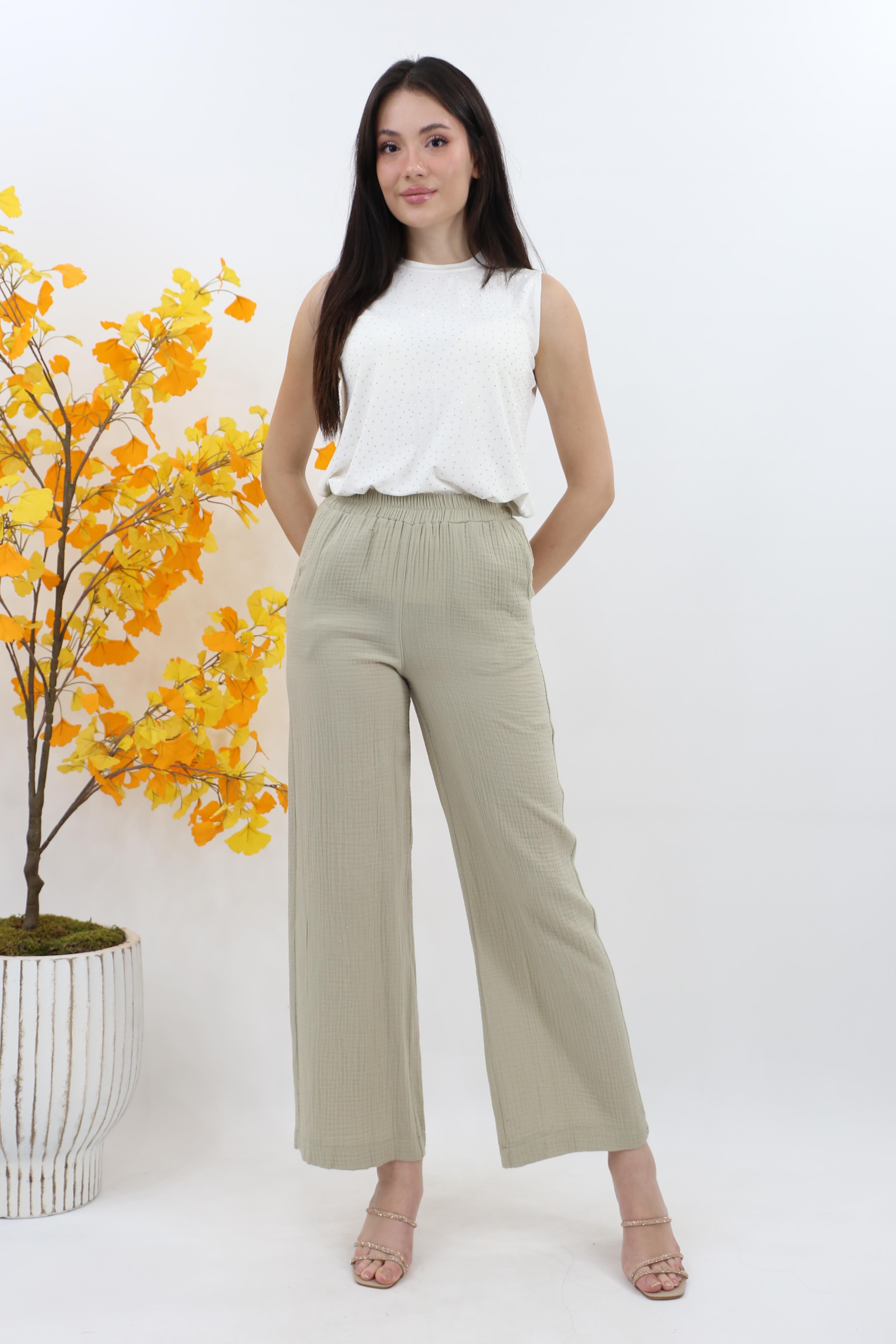 Kayra Beli Lastikli Müslin Pantolon KA-B25-19075 - K.Yeşili