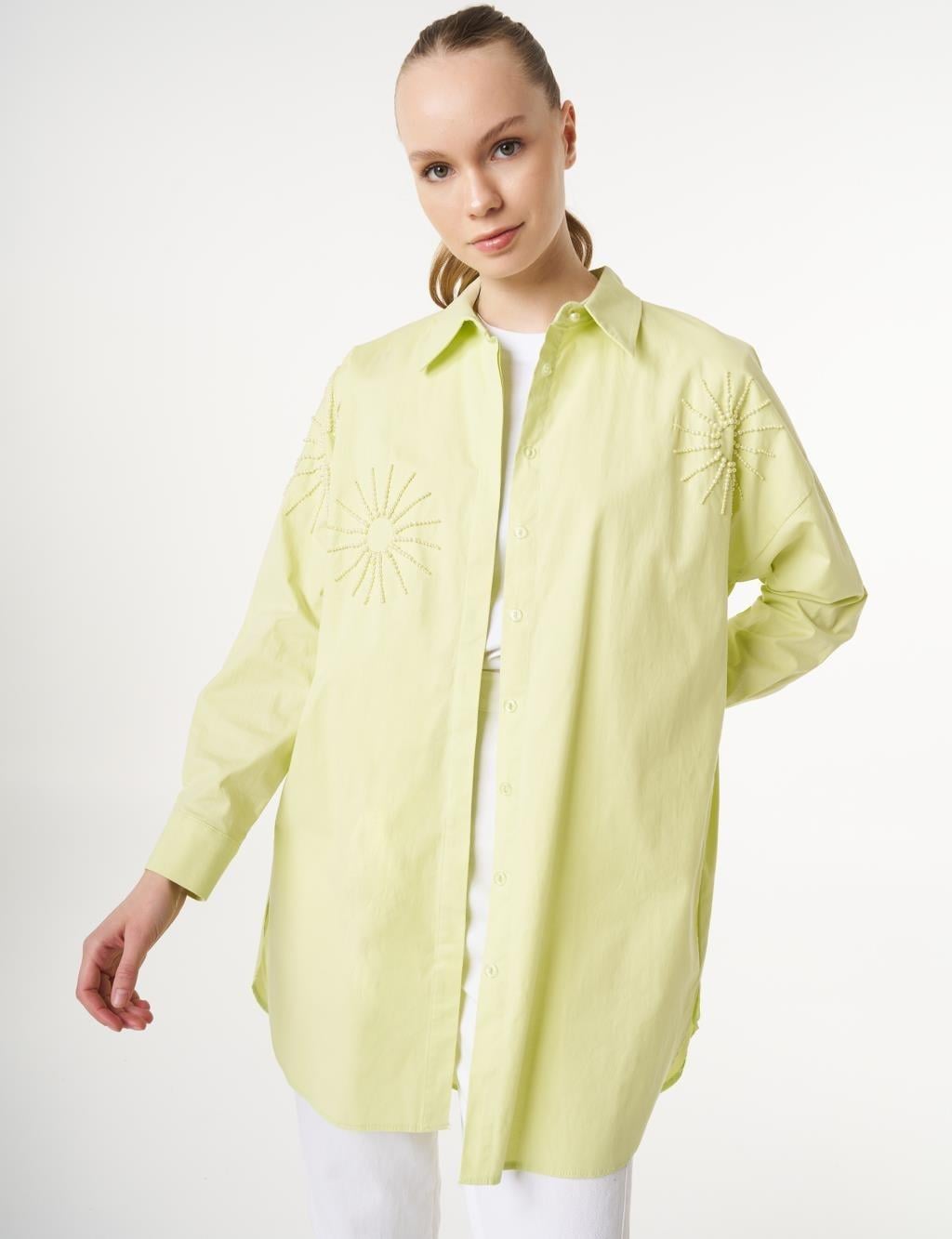 Kayra Boncuk İşlemeli Pamuklu Tunik KY-B25-70022 - Lıme